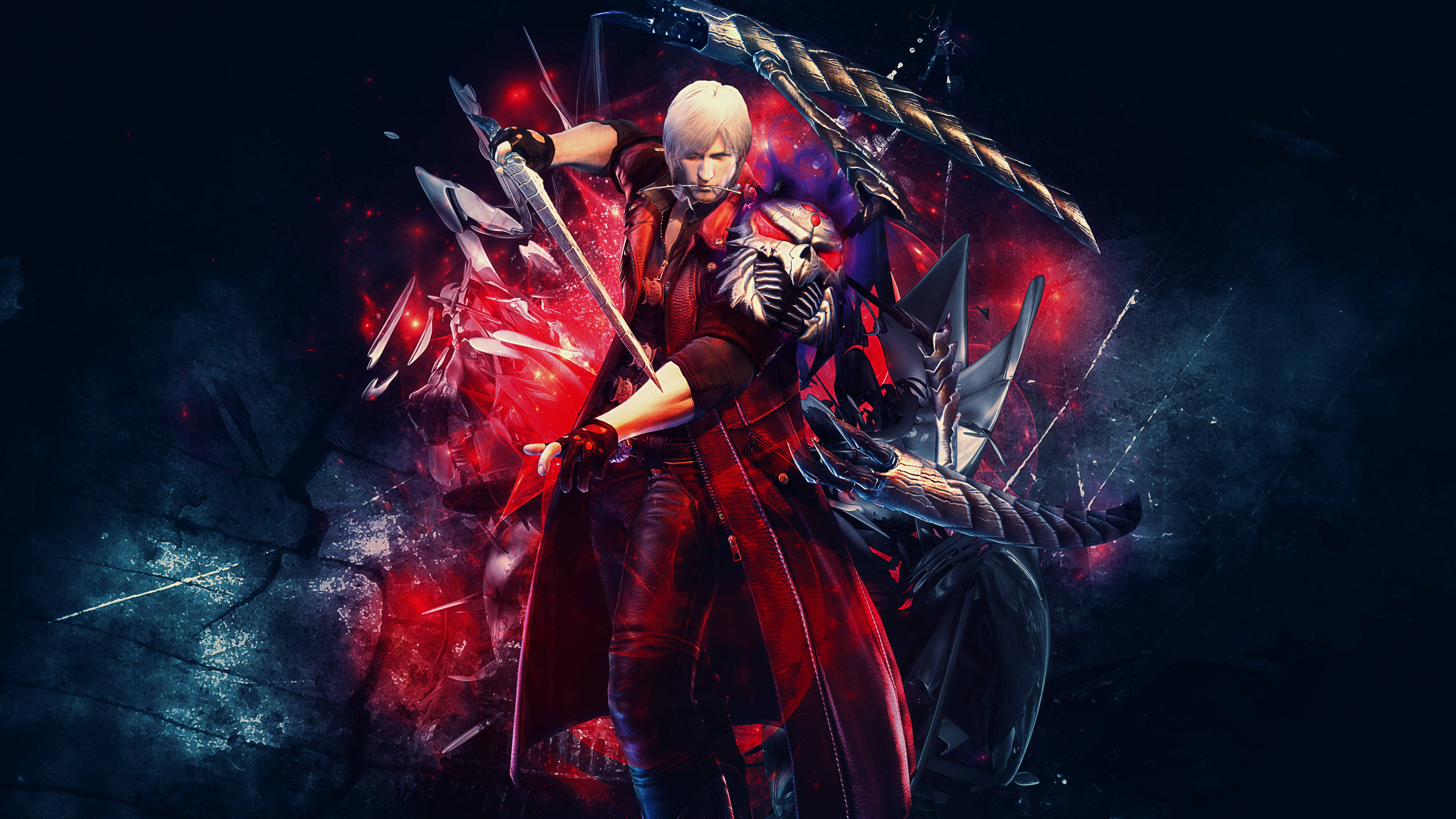 Capcom《鬼泣》但丁 壁紙 — 一個兇猛的白髮戰士穿著紅色外套，在黑暗裂縫的背景中，於爆炸性的紅色能量中揮舞著劍。