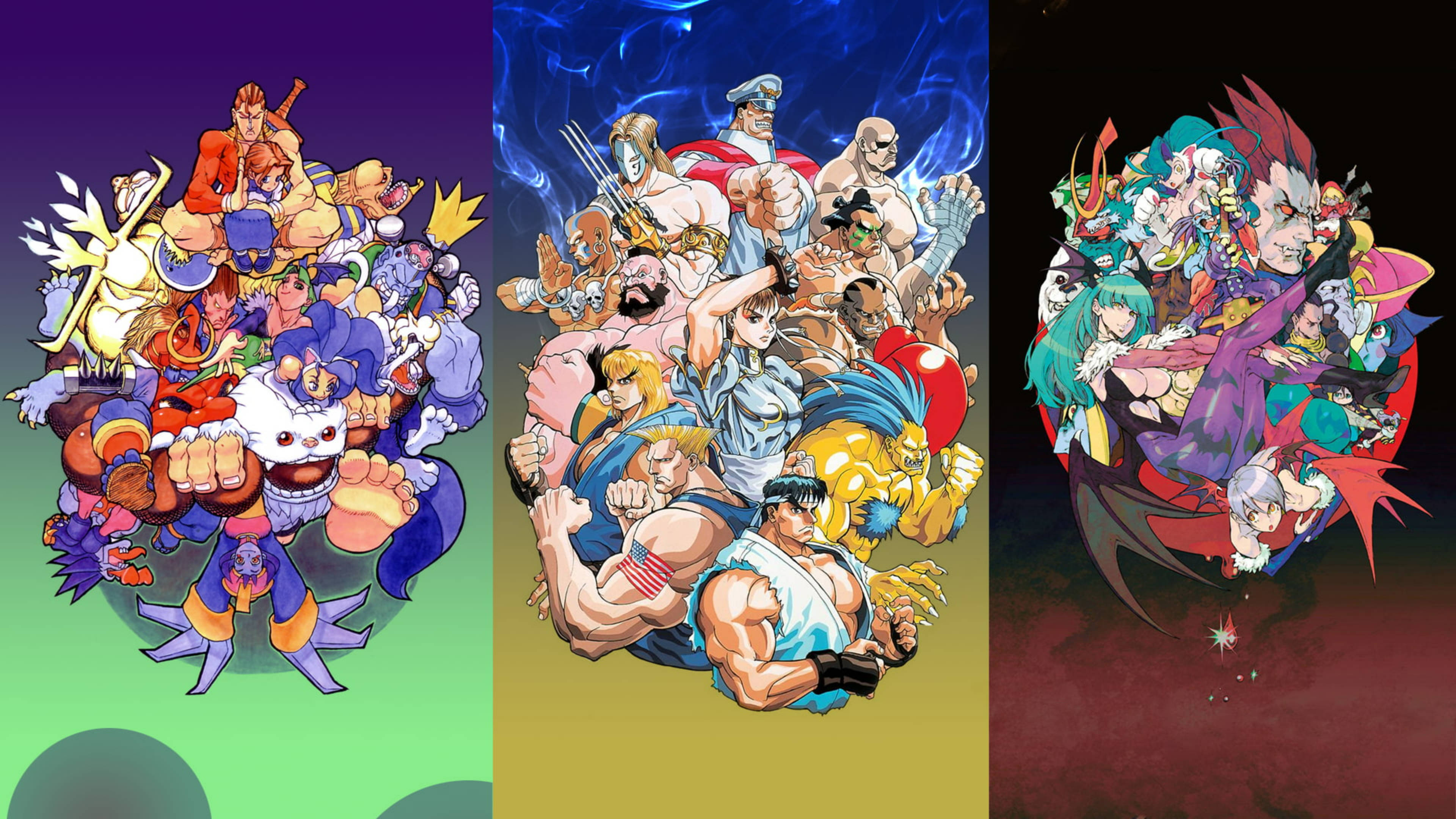 Capcom《黑暗靈魂》系列 壁紙 — 三個充滿活力的動漫風格面板展示了密集的標誌性電子遊戲角色群體，以動態姿勢呈現在色彩繽紛的漸變背景上。