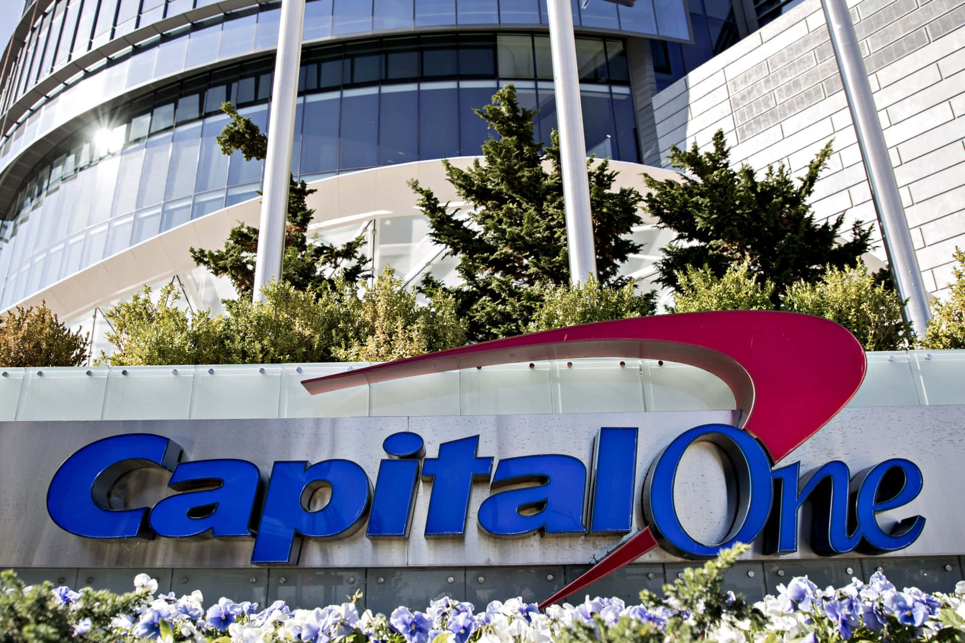 Capital One銀行標誌，背景有藍色花朵和玻璃建築。