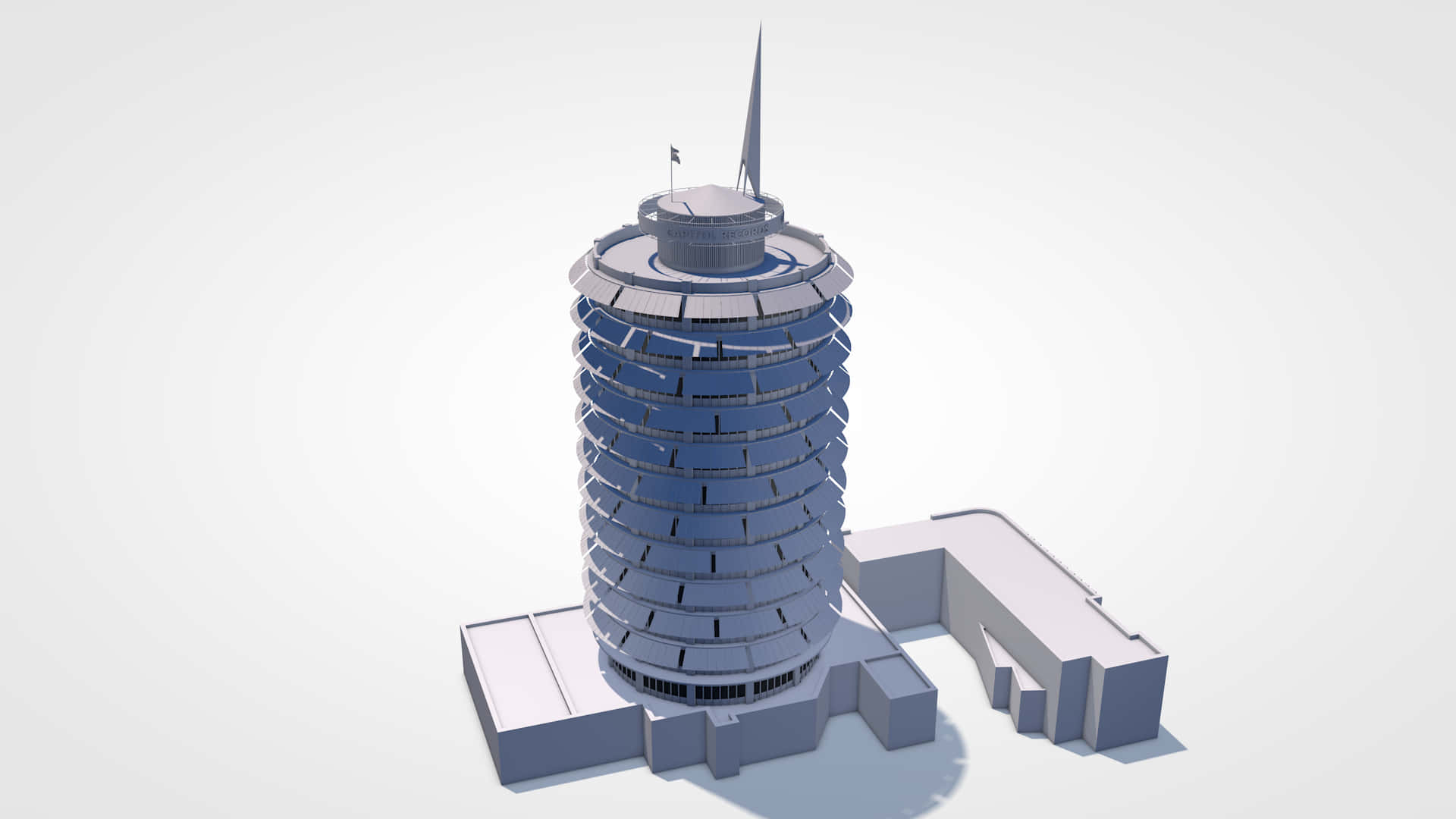 Capital Records大樓的3D設計圖 壁紙 — 一座時尚的未來主義圓柱形摩天大樓，帶有尖頂和相連的低層建築，在純白色背景上以3D渲染。