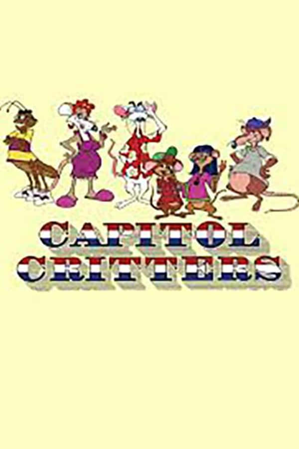 Capitol Critters 動畫角色月夜聚會 壁紙 — 一張色彩繽紛的卡通海報，七隻擬人化動物在粗體文字「CAPITOL CRITTERS」上方愉快地擺姿勢。