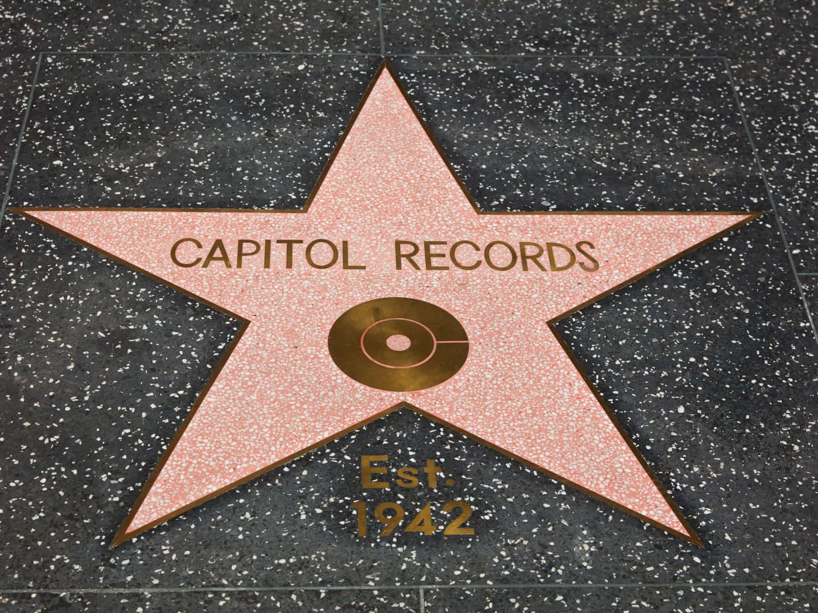 Capitol Records 建築的著名地標 壁紙 — 一個粉紅色水磨石星的近距離特寫，位於黑色斑點路面，以紀念1942年成立的Capitol Records。
