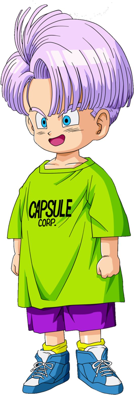 動畫角色穿 Capsule Corp 衣服 壁紙 — 一個開心的動畫男孩，有著尖尖的紫色頭髮，穿著亮綠色Capsule Corp T恤和藍色運動鞋。