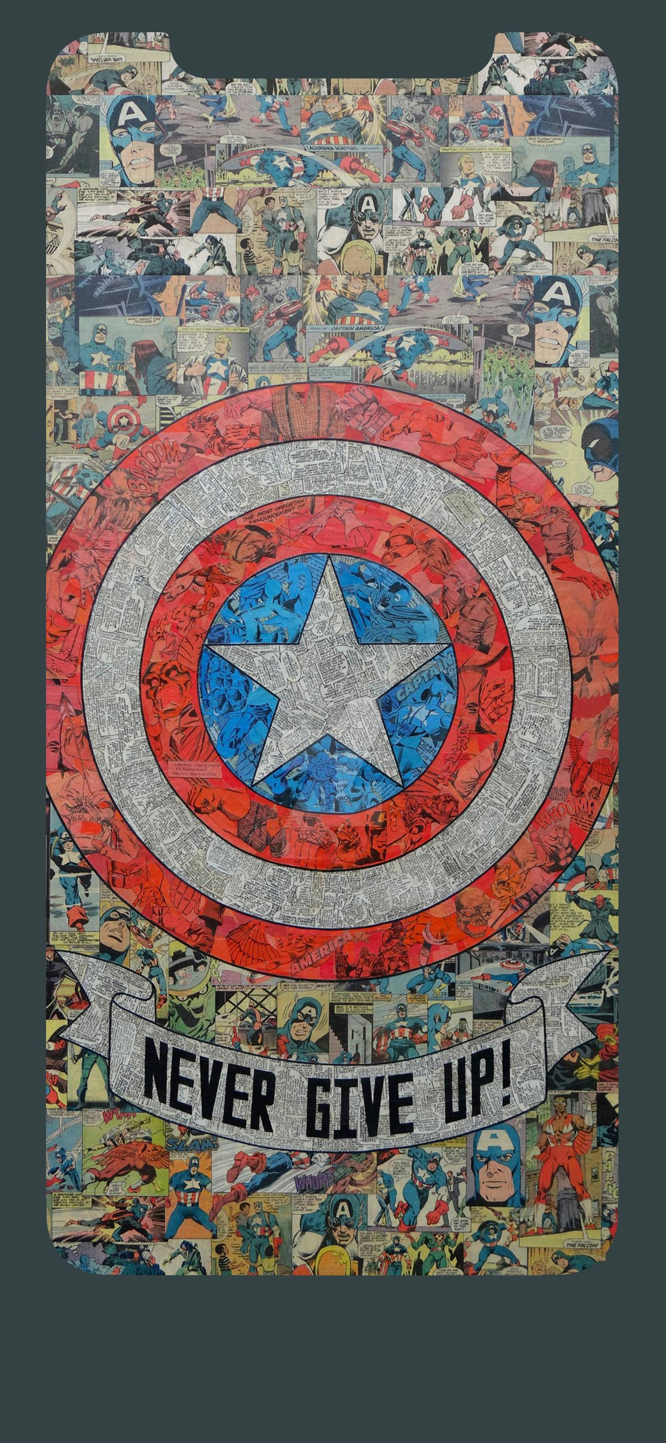 Captain America iPhone 漫畫藝術 壁紙 — 充滿活力的漫畫書拼貼牆紙， featuring 美國隊長的盾牌和短語 never give up。