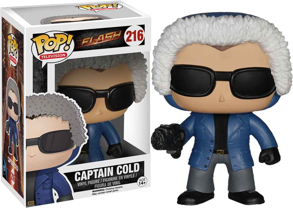 《閃電俠》Captain Cold Funko Pop 公仔 壁紙 — 來自《閃電俠》的寒冷隊長Funko Pop! 乙烯基人偶，穿著藍色外套、太陽眼鏡，手持冰凍槍，旁邊是其盒子。