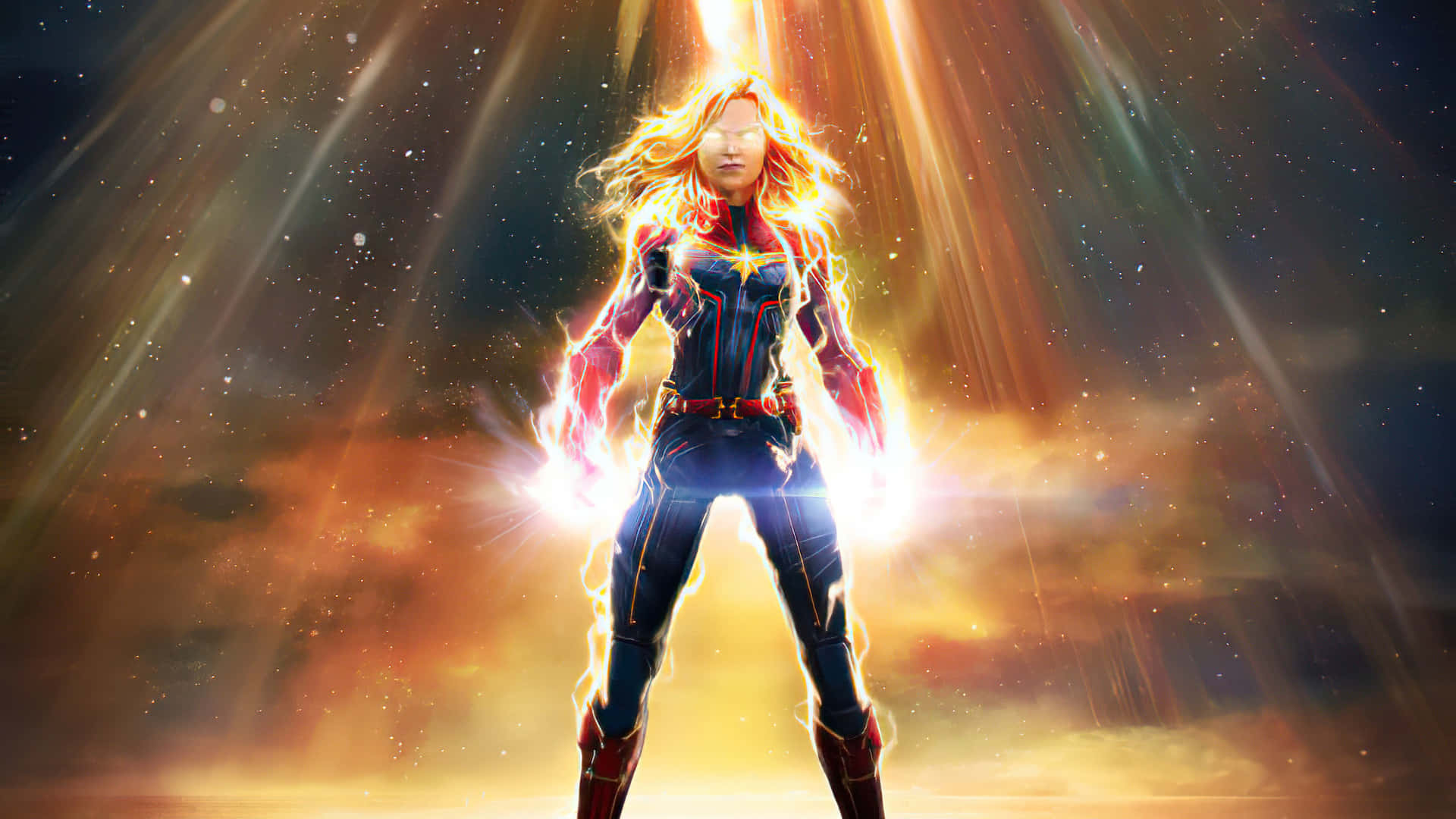 Captain Marvel HD 桌布 壁紙 — Captain Marvel 強勢站立，周圍放射能量噼啪作響，背景是金色光芒劃過的宇宙天空。