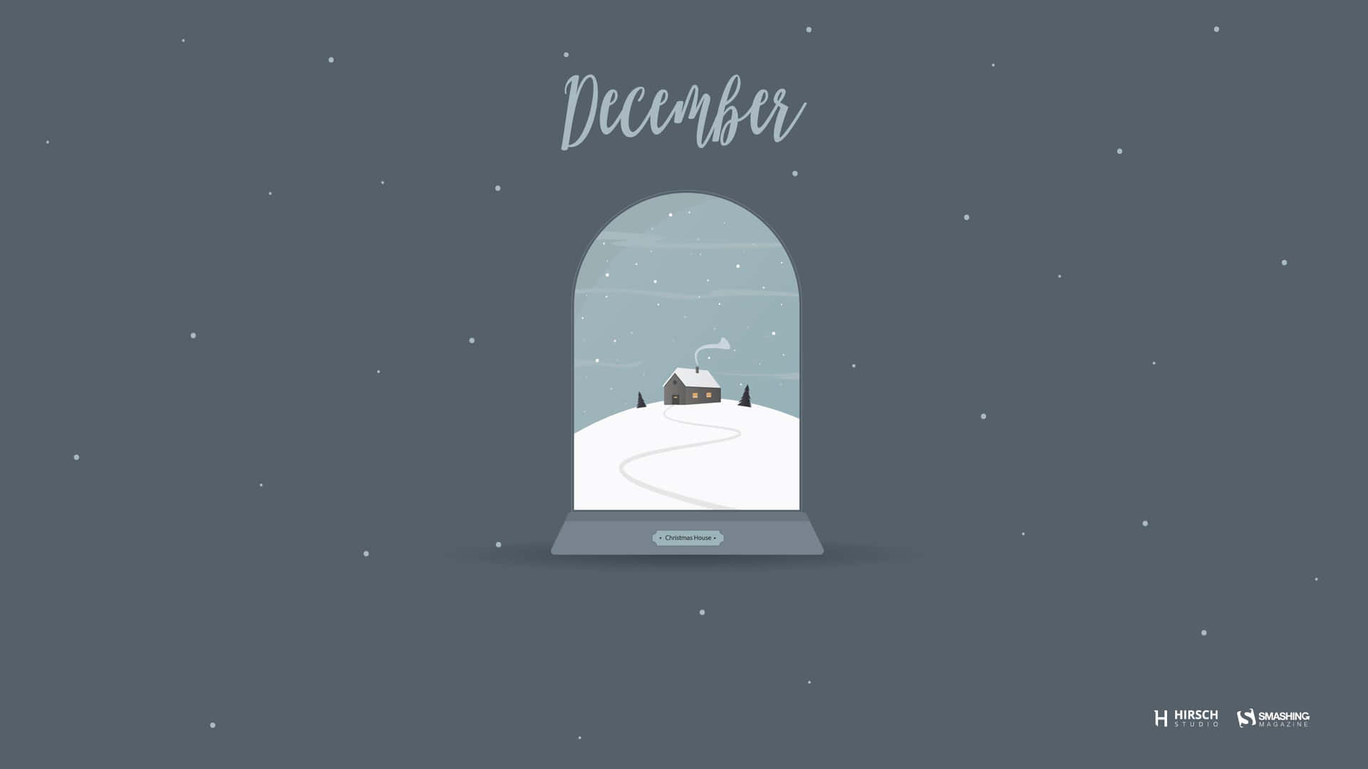 雪覆蓋的小屋，在標有十二月的玻璃圓頂內，星空下。