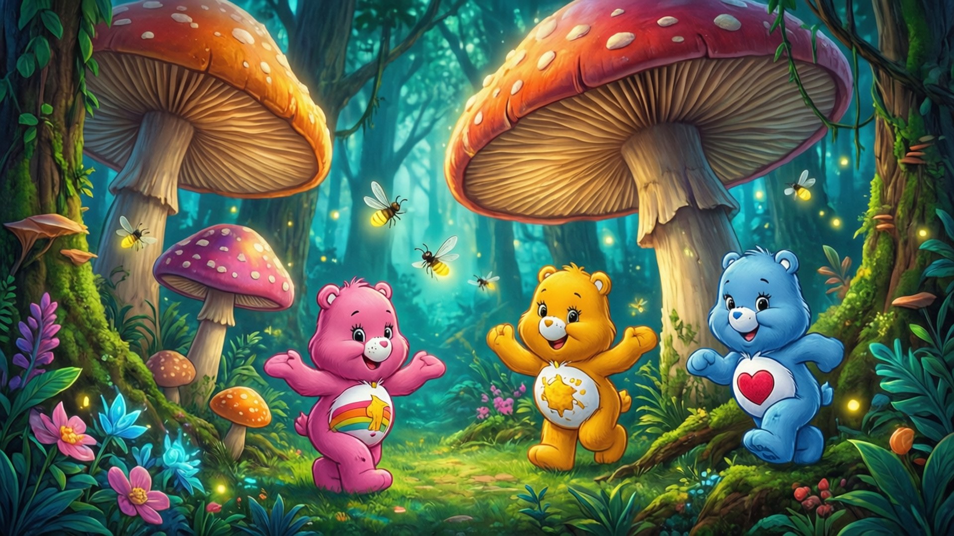 三隻Care Bears喺一個有巨型發光蘑菇同螢火蟲嘅魔法森林入面。