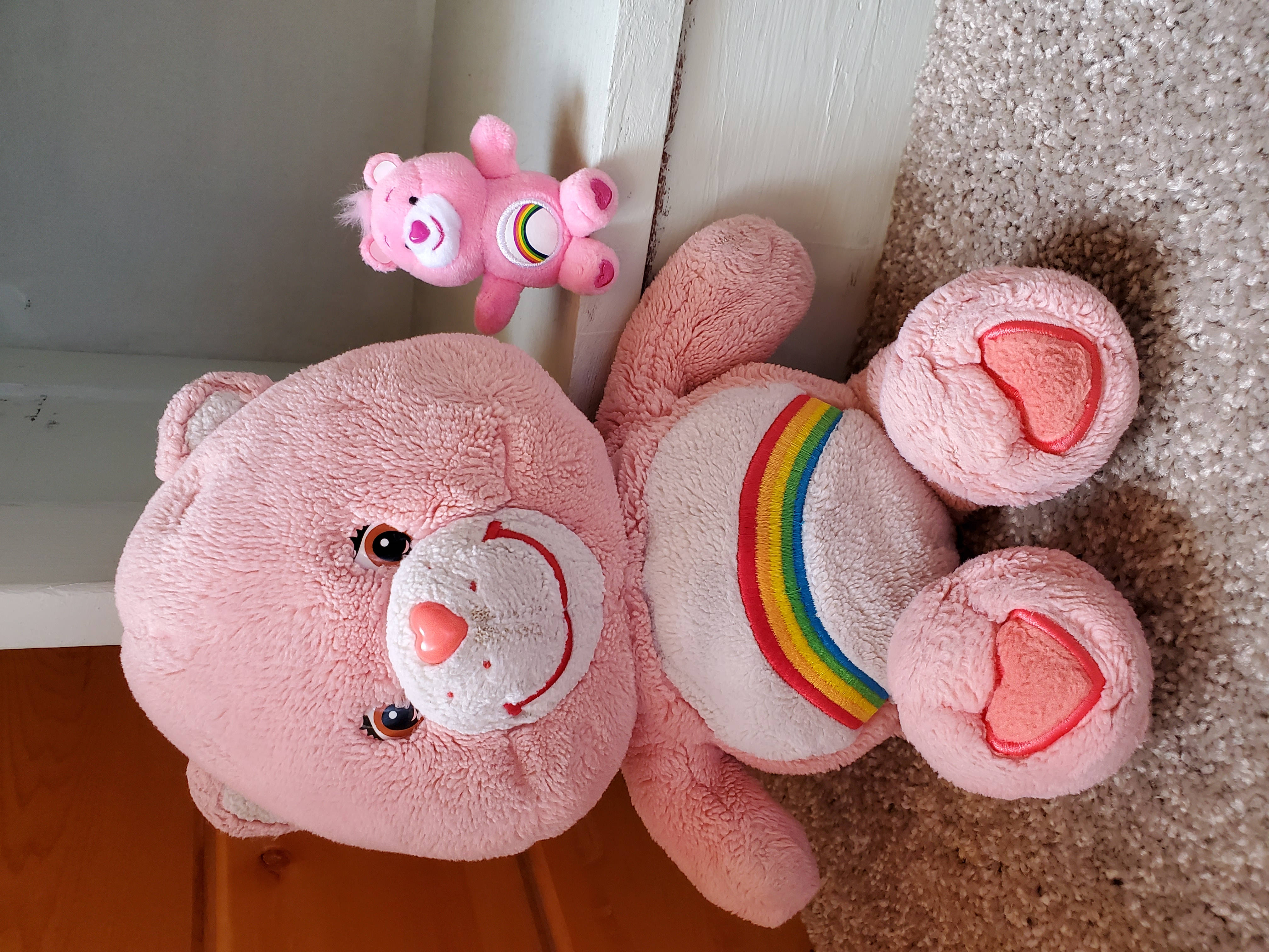 Care Bears 粉紅泰迪熊 壁紙 — 一個大型粉紅色Care Bear毛絨玩具，腹部有彩虹圖案，躺在地毯上，旁邊有一個細小的粉紅色熊玩具。