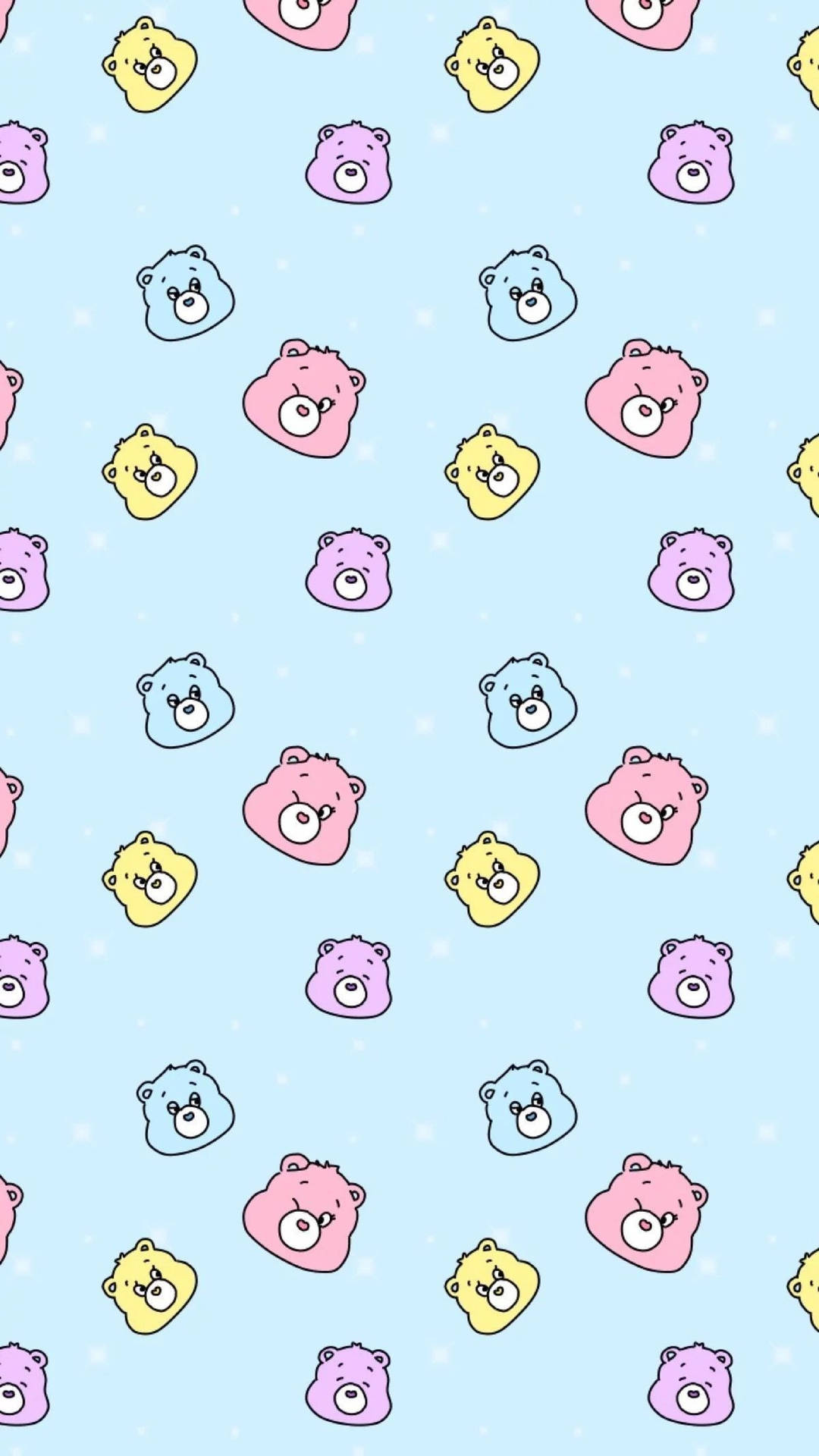 可愛的粉彩色 Care Bears 面孔在淺藍色星空背景上。