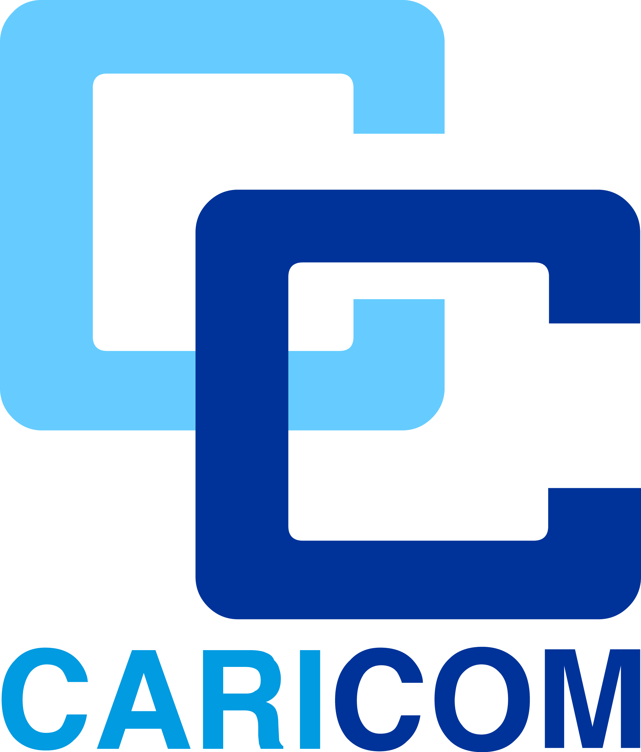 加勒比共同体（CARICOM）藍色背景標誌 壁紙 — 一個現代標誌，包含兩個重疊的風格化C形狀，分別為淺藍色和深藍色，下方有CARICOM字樣。