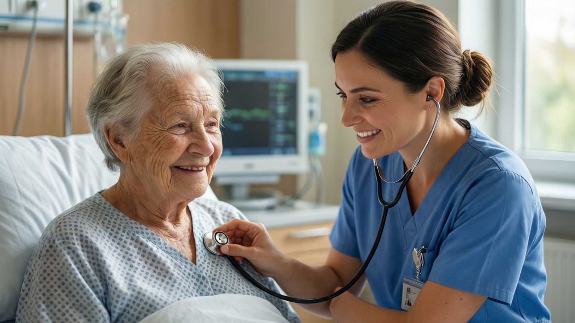 Nurse checking elderly patient's heartbeat with stethoscope in hospital room 壁紙