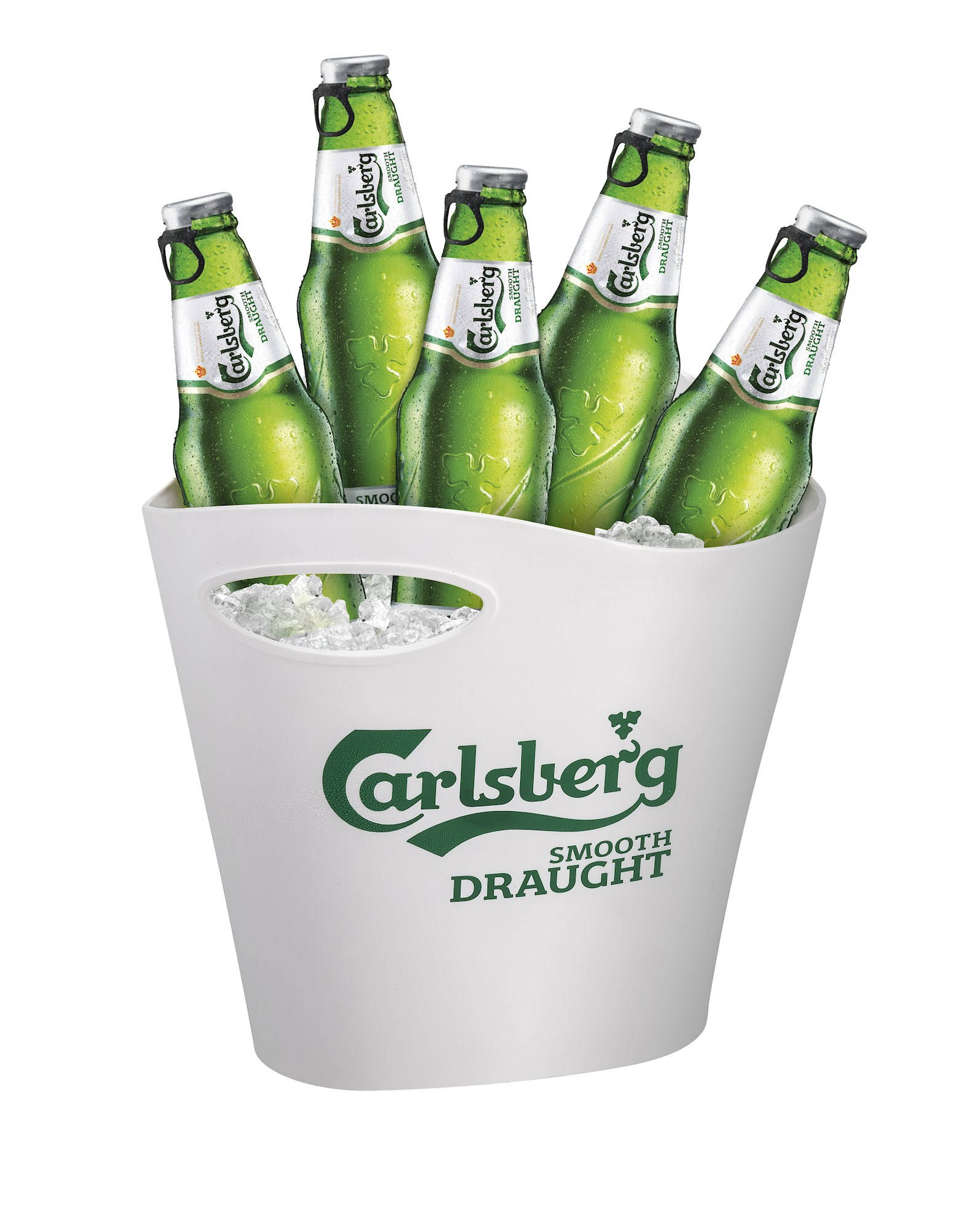 Carlsberg啤酒飲品冰桶盛放 壁紙 — 五瓶冰凍嘉士伯啤酒在一個品牌白色冰桶中閃爍著冷凝水珠。