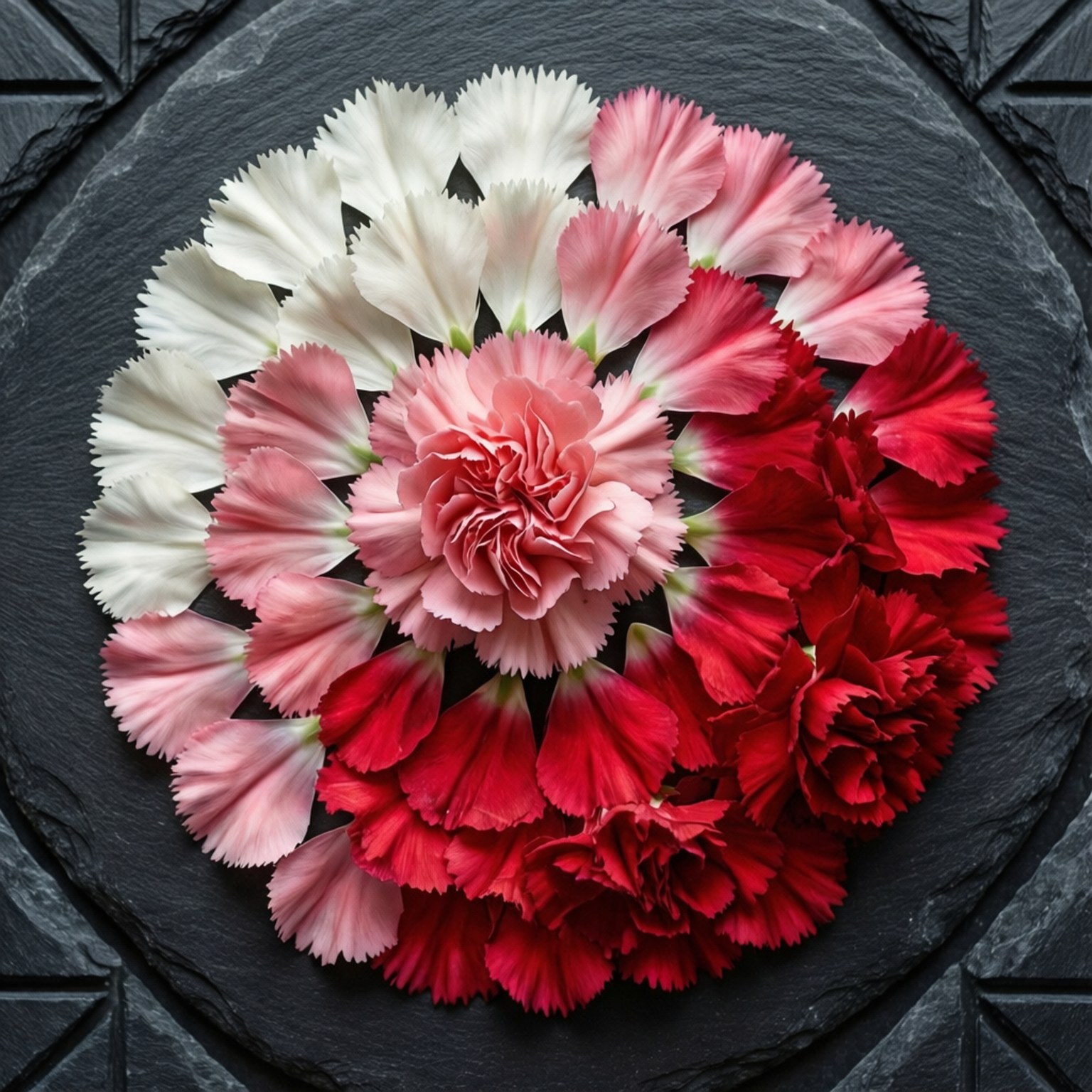 Carnation Petal Spiral 壁紙 — 白色、粉紅色和紅色的康乃馨以放射狀排列，在帶有紋理的黑色石板表面上形成充滿活力的圓形圖案。