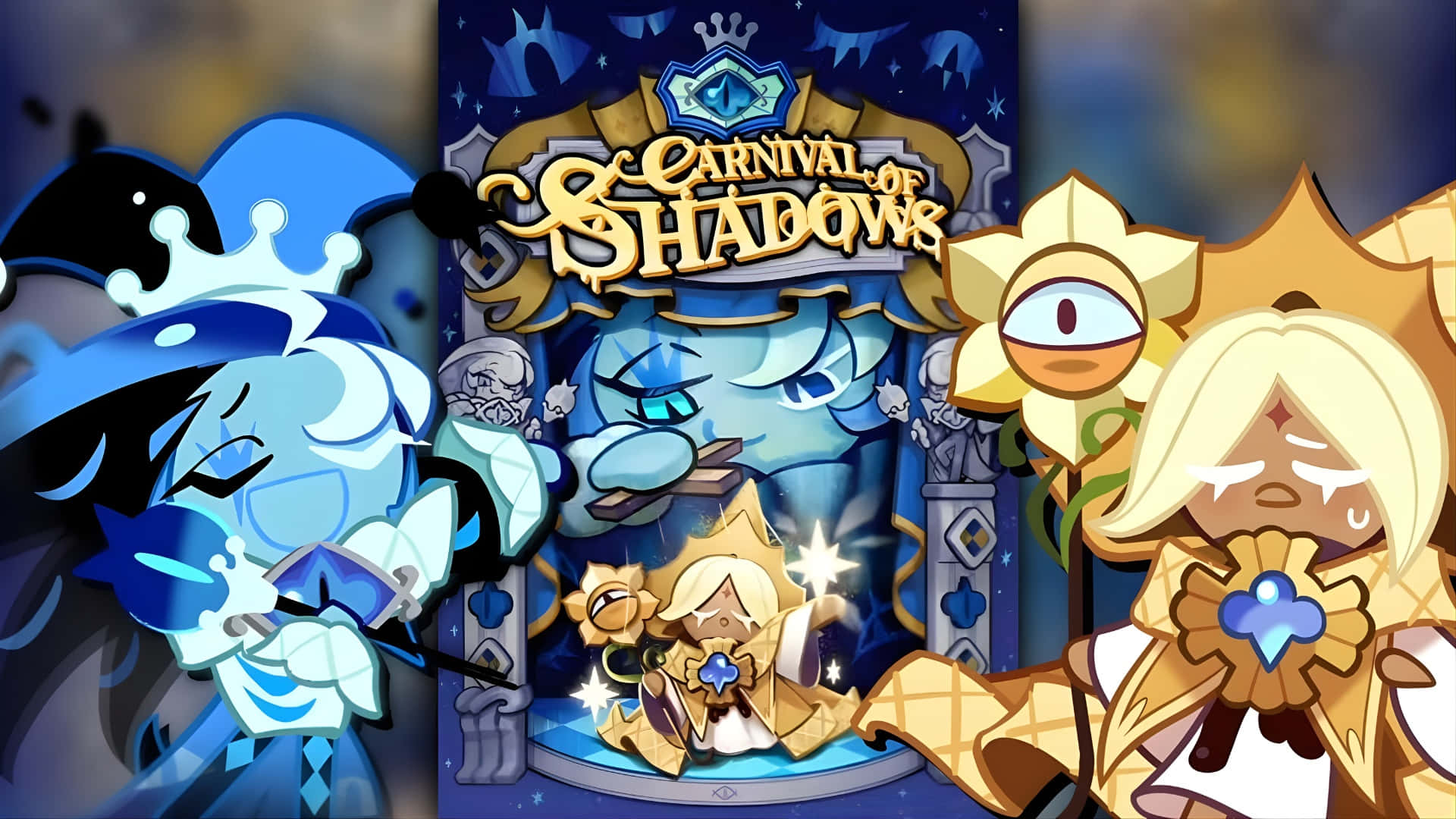  壁紙 — 一張充滿活力的數位藝術海報，為「Carnival of Shadows」設計，特色是風格化的藍色和金色餅乾角色，置身於一個神奇、陰影籠罩的嘉年華場景中。