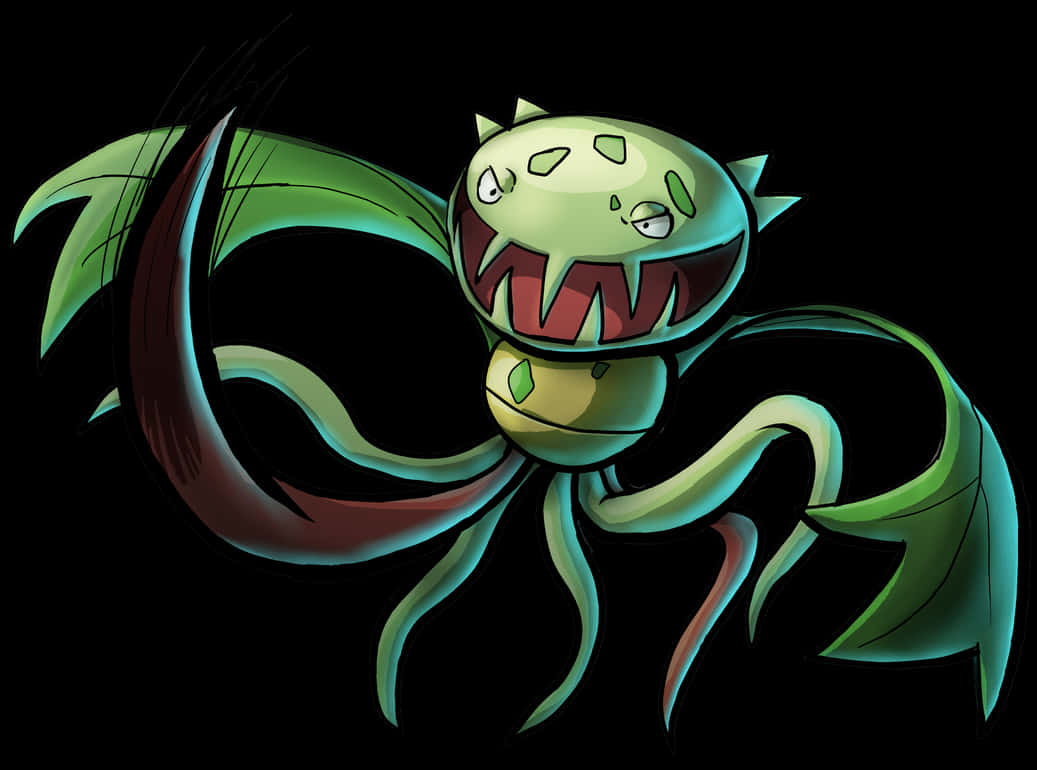 Carnivine 的藤鞭攻擊 壁紙 — 一個卡通風格的綠色怪物，有著鋒利的牙齒和樹葉般的四肢，在黑色背景前怒視。