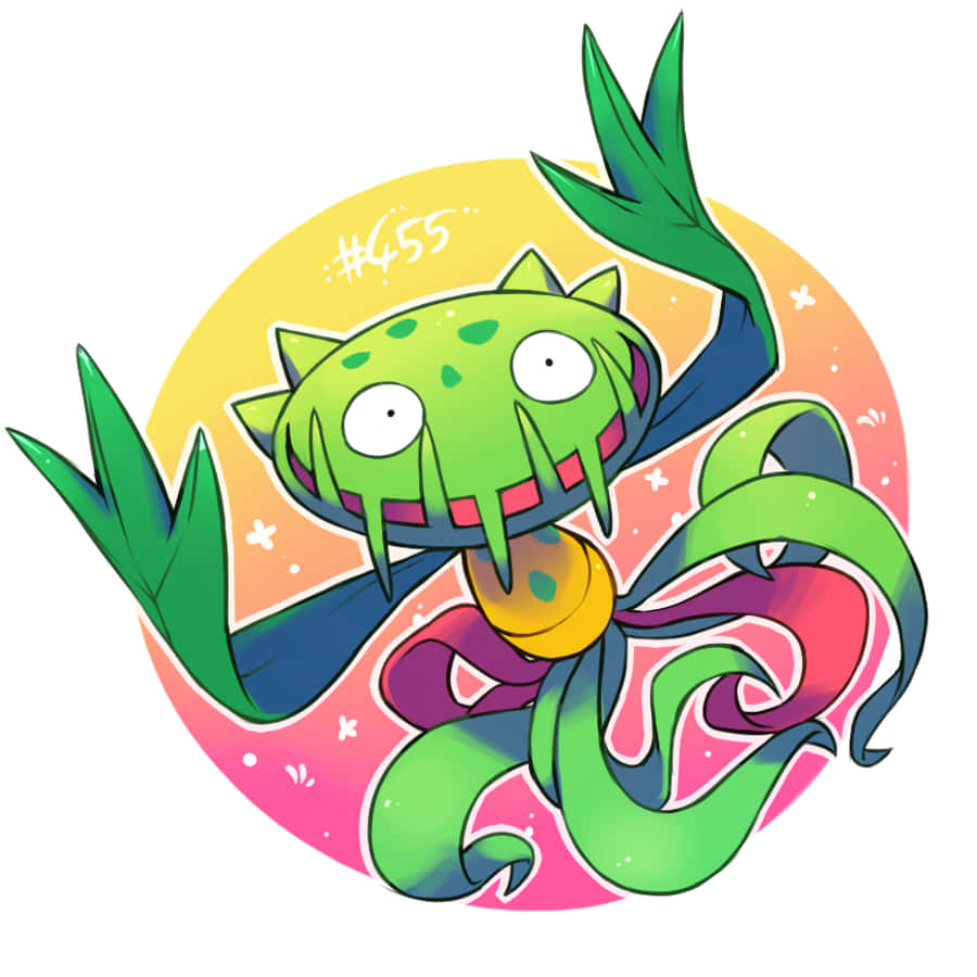 Carnivine 的美學數位藝術 壁紙 — 一隻充滿活力的綠色卡通章魚，頭部尖刺，觸手飄逸，在漸變日落圓形背景前跳舞。
