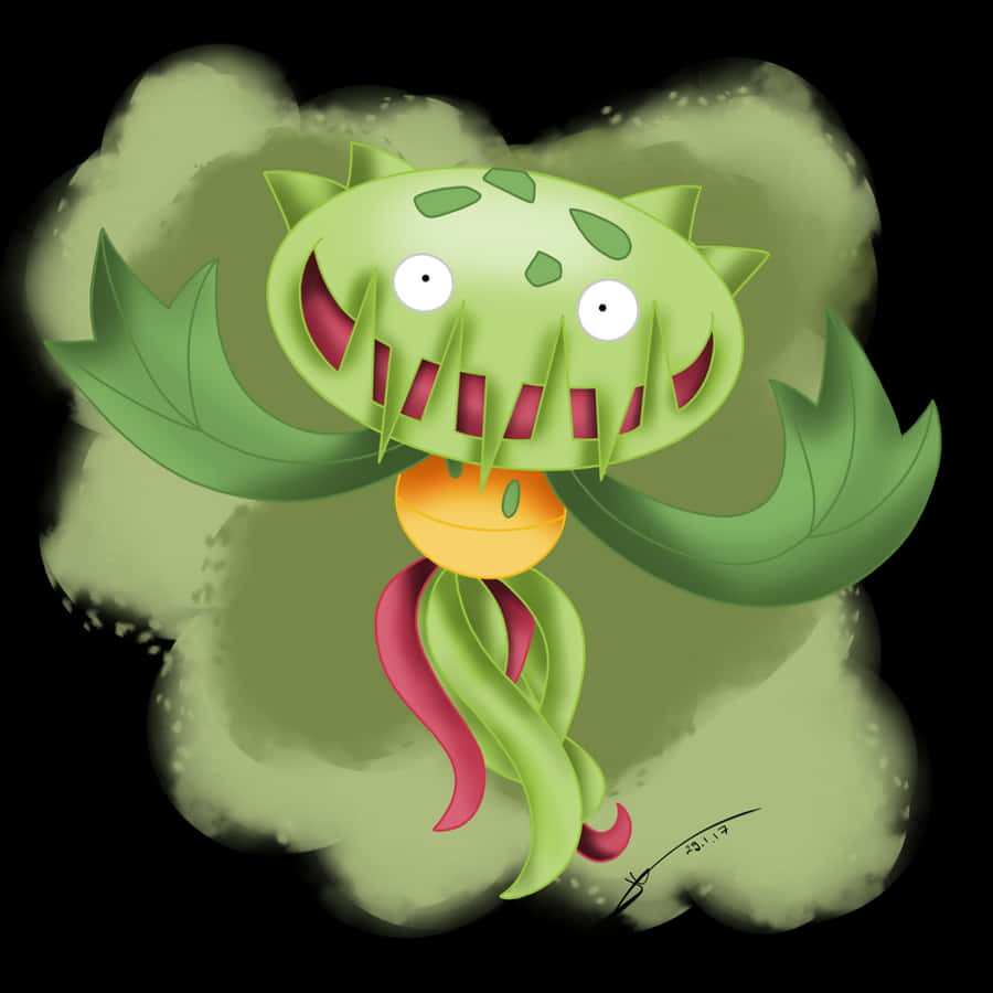 Carnivine 數位藝術作品 壁紙 — 一個卡通風格的綠色植物怪物，長有尖銳的牙齒和樹葉手臂，從煙霧背景中出現。