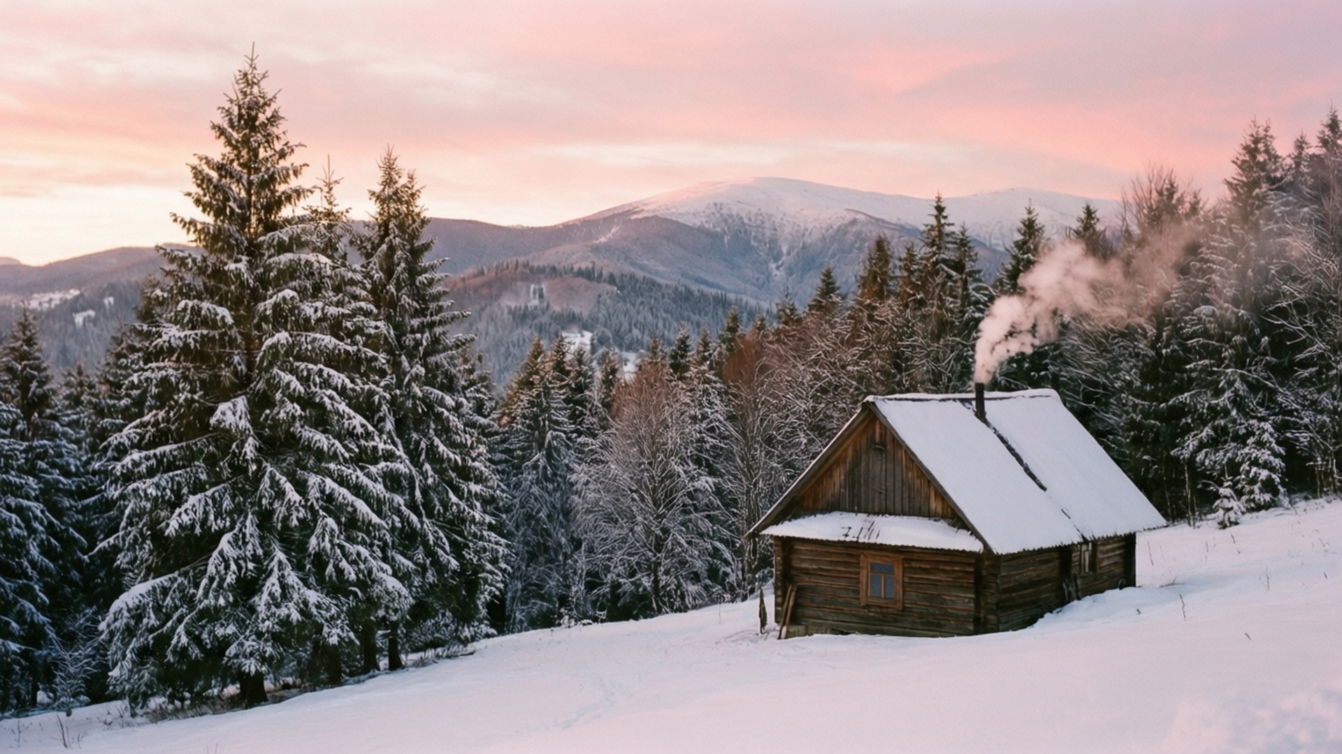 雪地森林中的一座木屋，日落時煙囪冒煙。