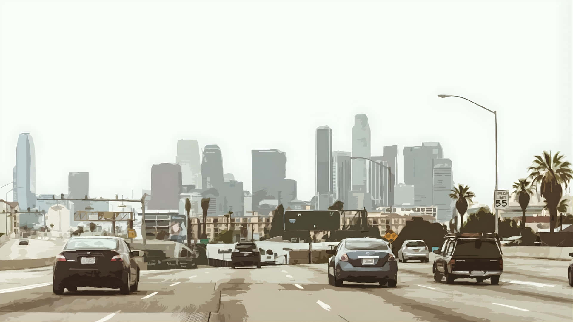  壁紙 — 汽車在高速公路上行駛，朝向一個有棕櫚樹和街燈、天空蒼白模糊的城市天際線。