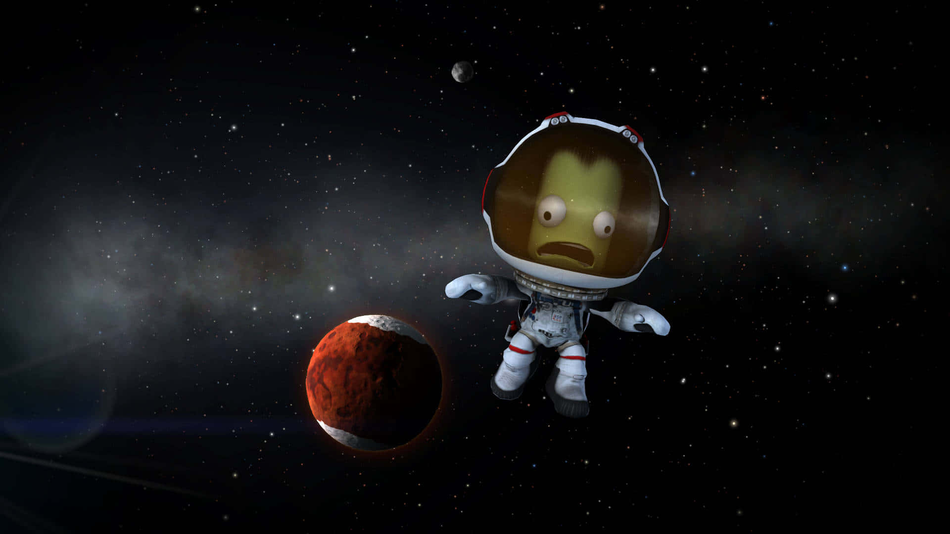 卡通太空人在太空漂浮，靠近一顆有星星的紅色行星。