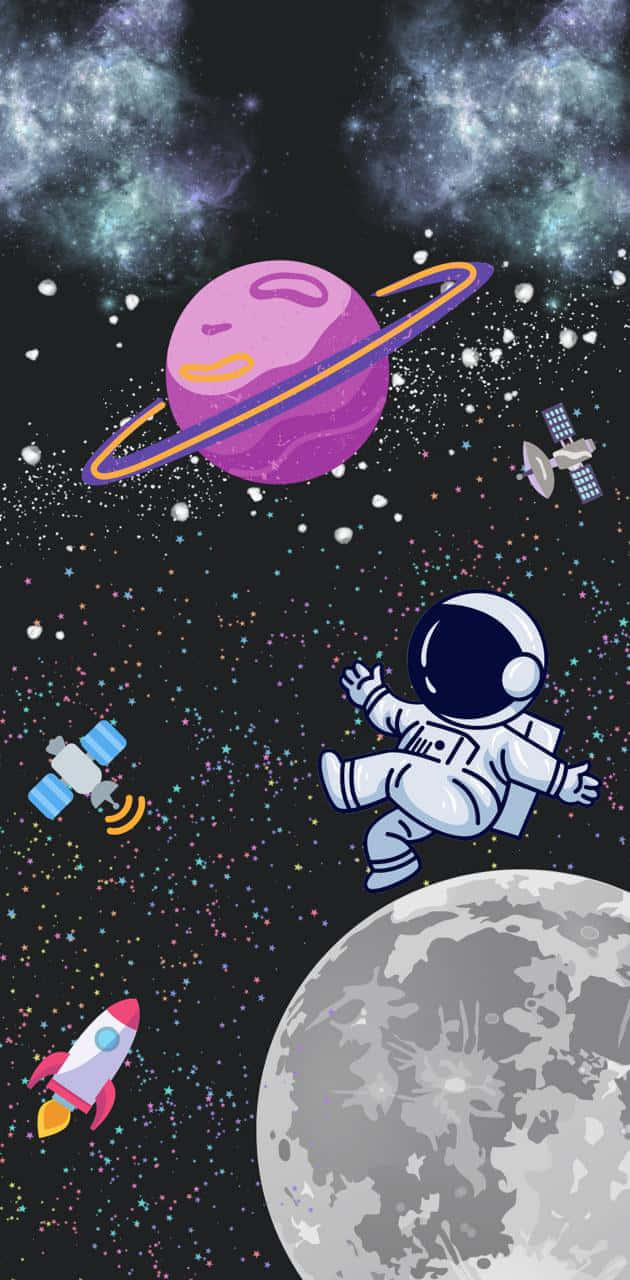  壁紙 — 一個卡通太空人在星空宇宙場景中漂浮在月球和一個帶環的紫色行星附近。