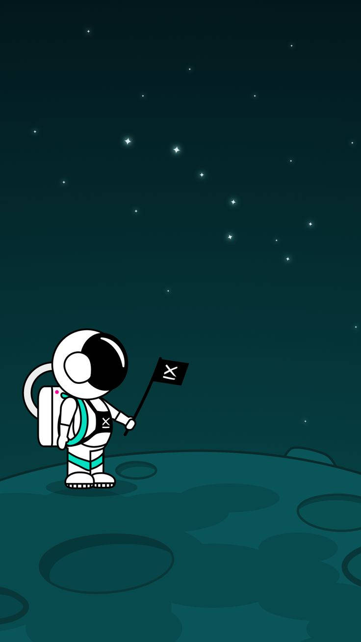 太空人 桌布 壁紙 — 一個卡通太空人站在佈滿隕石坑的月球上，在繁星點點的夜空下舉著旗幟。