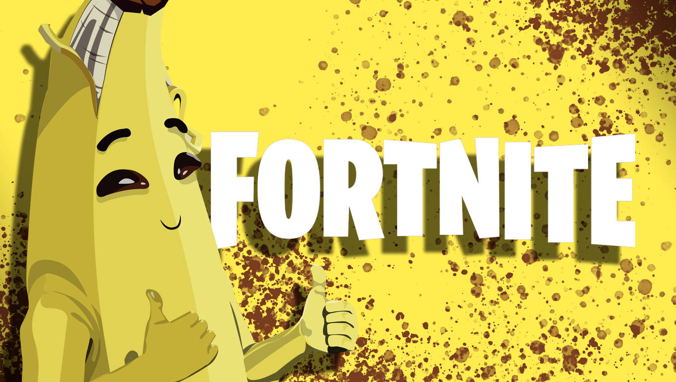 欣賞《Fortnite》粉絲藝術作品：Peely 壁紙 — 一個卡通香蕉角色在黃色飛濺背景上，於 Fortnite 標誌旁邊豎起兩個大拇指。