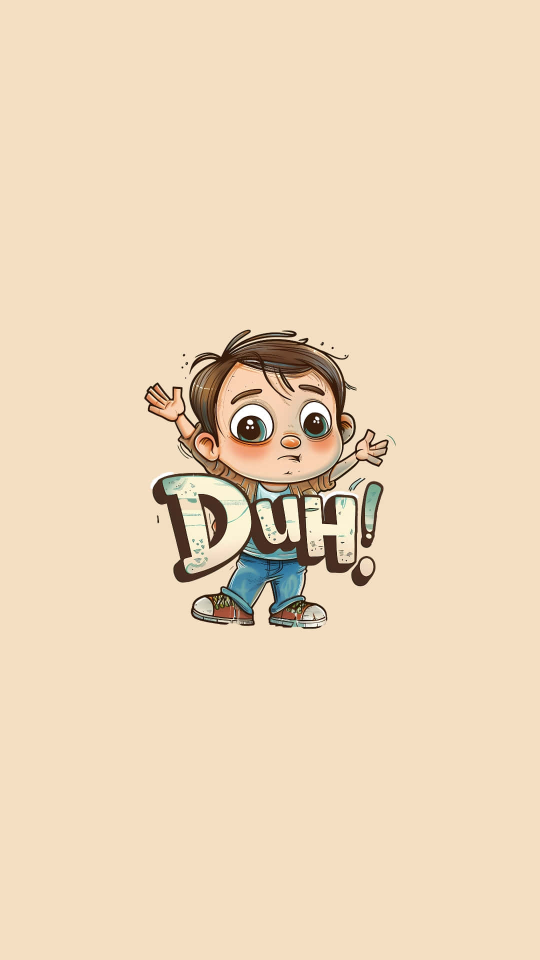  壁紙 — 一個卡通男孩，大眼睛，舉起雙手，站在米色背景上嘅「Duh!」字後面。