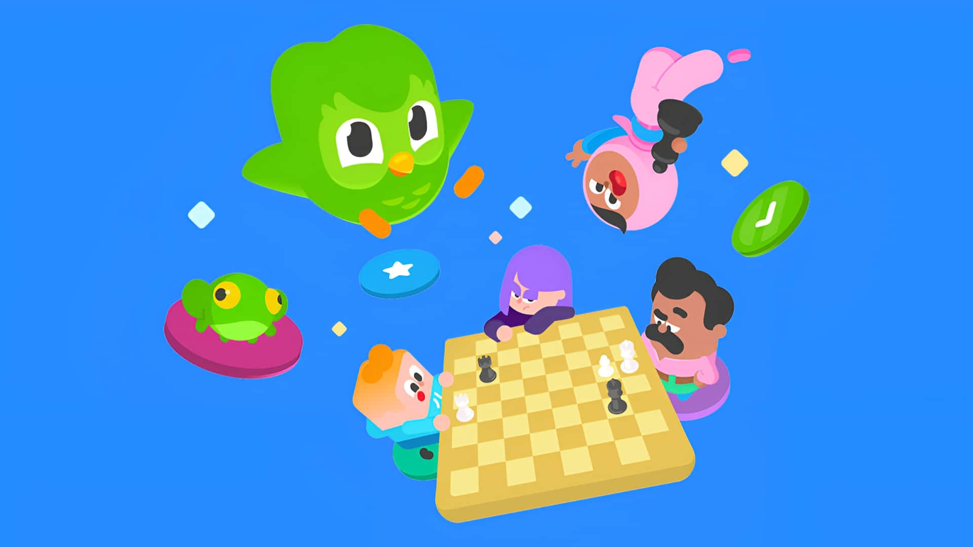  壁紙 — 卡通角色喺一個漂浮嘅棋盤上玩國際象棋，周圍有古怪嘅生物，背景係明亮嘅藍色。