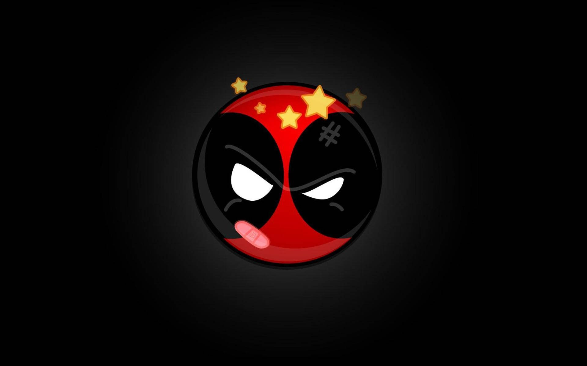 與死侍一起保持酷 壁紙 — 卡通死侍頭像，帶有星星和伸出的舌頭，背景為深色。