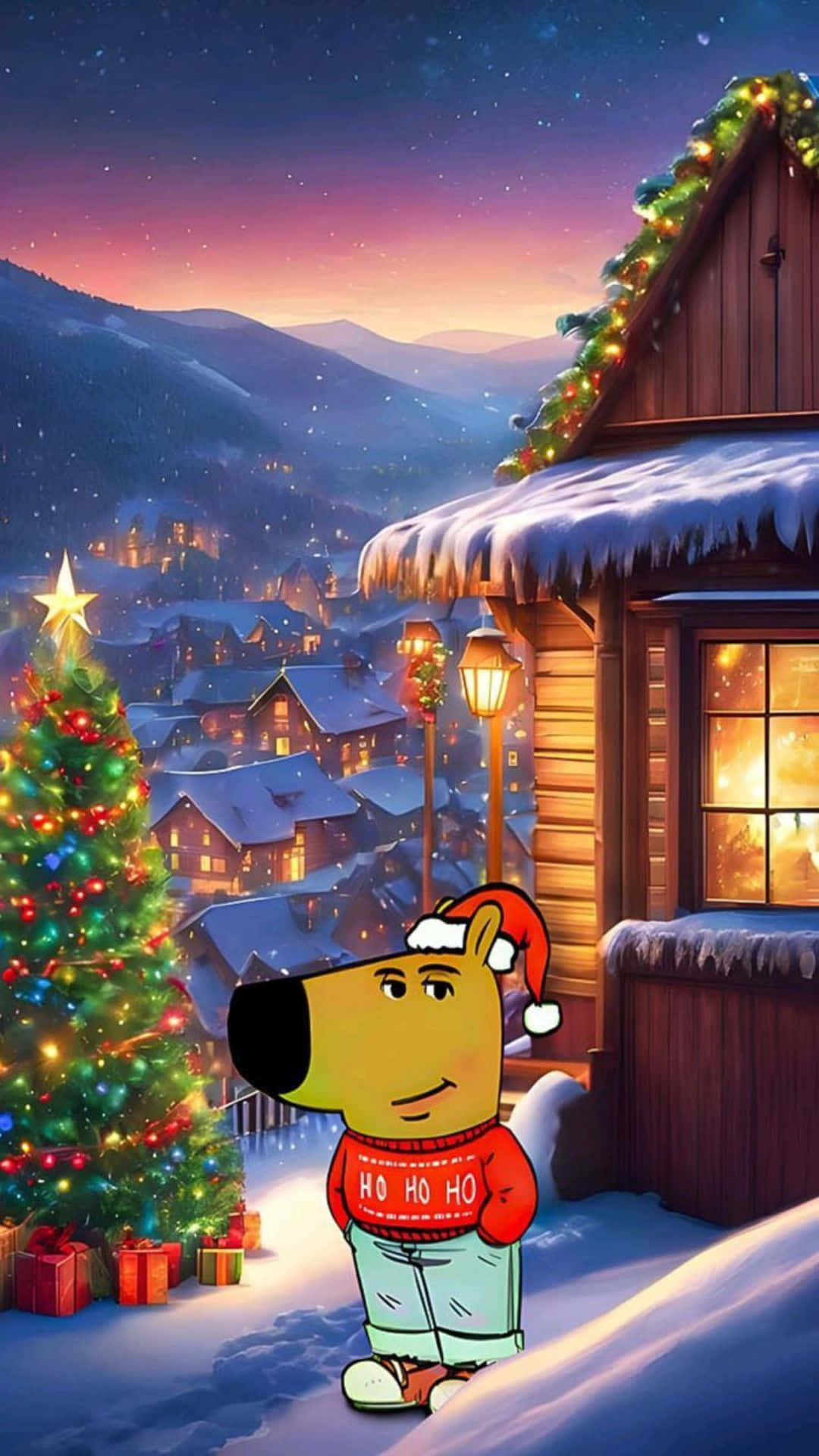  壁紙 — 一隻戴聖誕帽的卡通狗站在黃昏時分雪村中發光的聖誕樹旁。