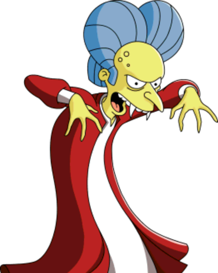 Cartoon Dracula Parody Character 壁紙 — 卡通吸血鬼女性，藍色頭髮，尖牙，紅色斗篷，黑色背景。
