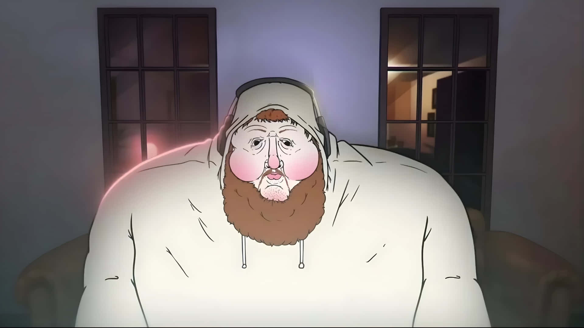  壁紙 — 一個穿著白色連帽衫的卡通男人坐在光線昏暗的房間裡，粉紅色的發光能量環繞著他的肩膀。