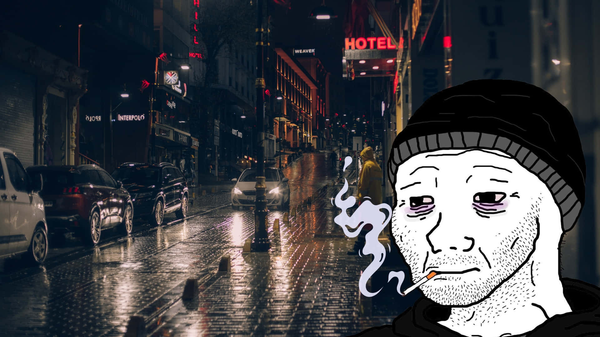  壁紙 — 一個戴冷帽的卡通男人在雨夜霓虹燈照亮的城市街道上吸煙。