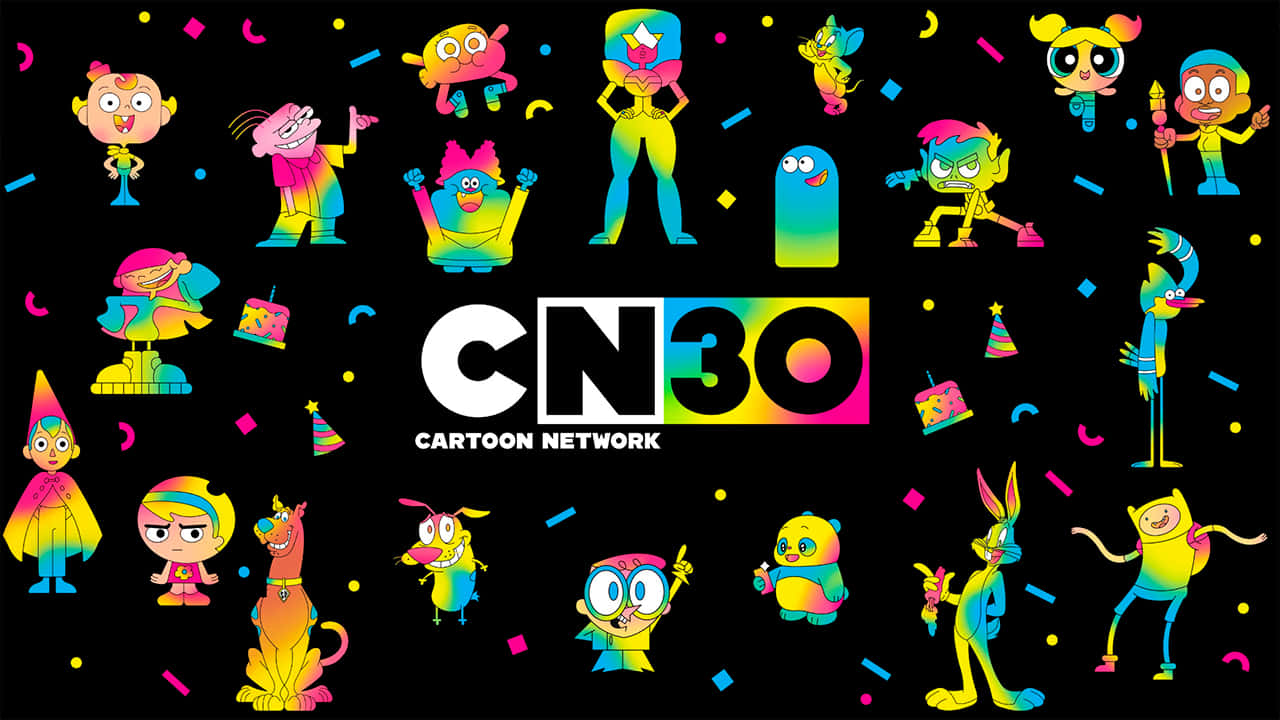 Cartoon Network 30週年慶祝，色彩繽紛的角色和五彩紙屑。