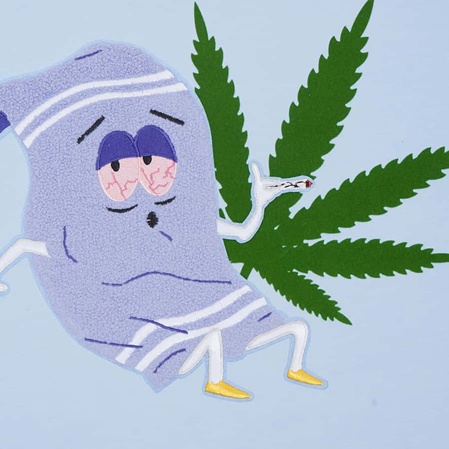  壁紙 — 一個卡通紫色毛巾角色，眼睛破裂，喺一個大綠色大麻葉旁邊吸緊大麻煙。
