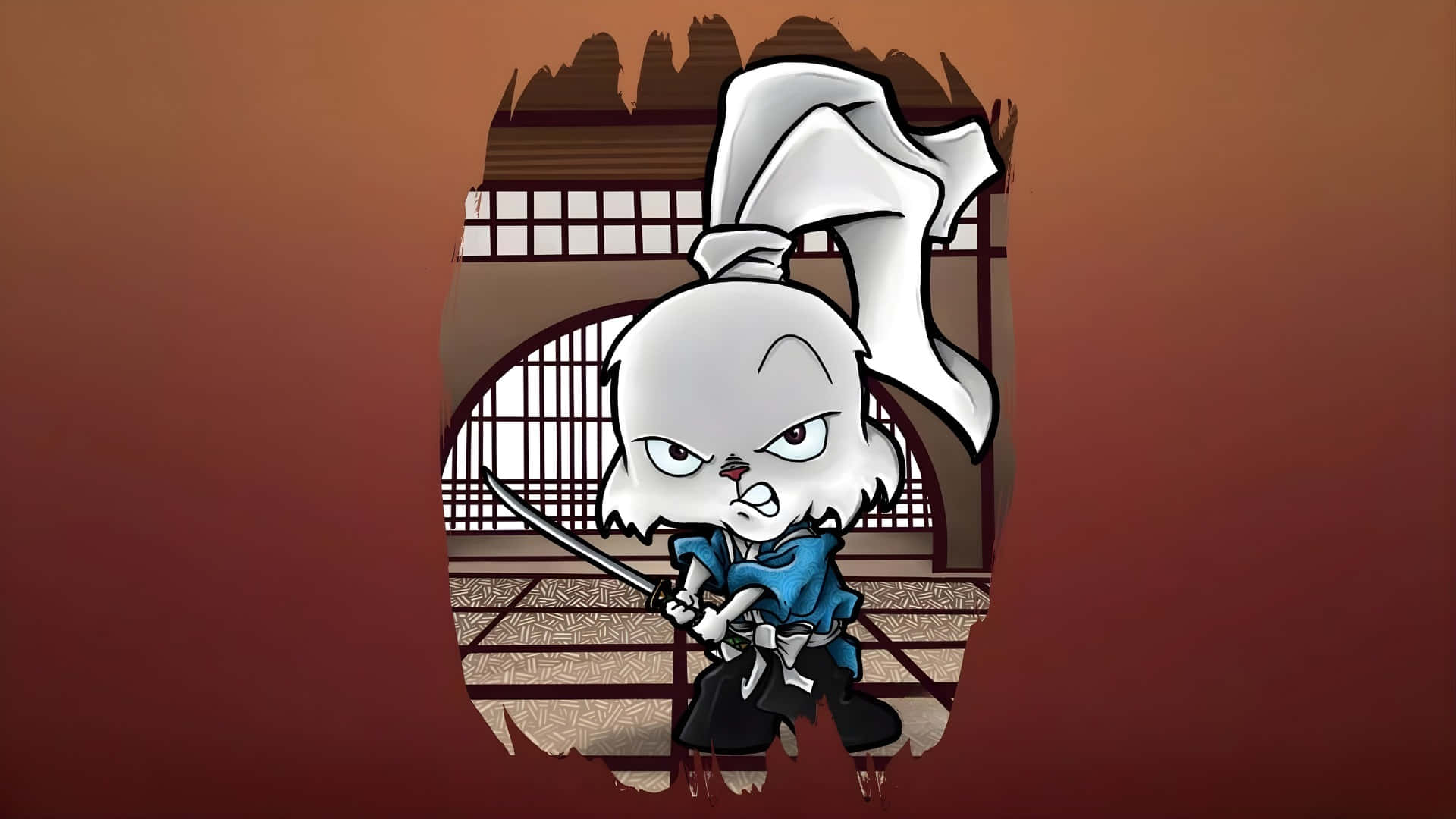  壁紙 — 一隻穿著藍色裝備的卡通兔忍者，在溫暖漸變背景襯托下的傳統日本門內握著劍。