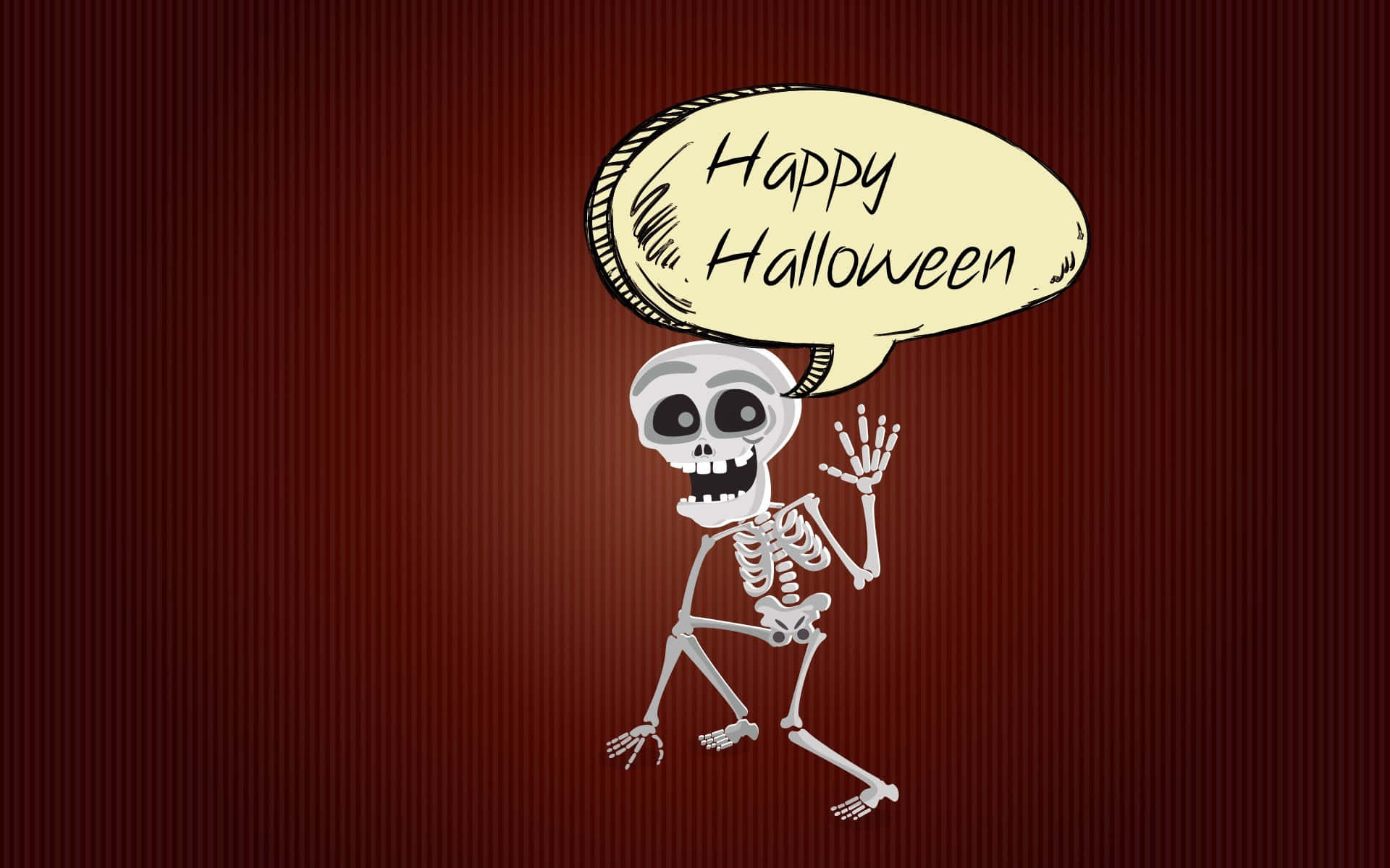  壁紙 — 一個卡通骷髏在深紅色條紋背景上，愉快地揮舞著帶有「Happy Halloween」對話氣泡。