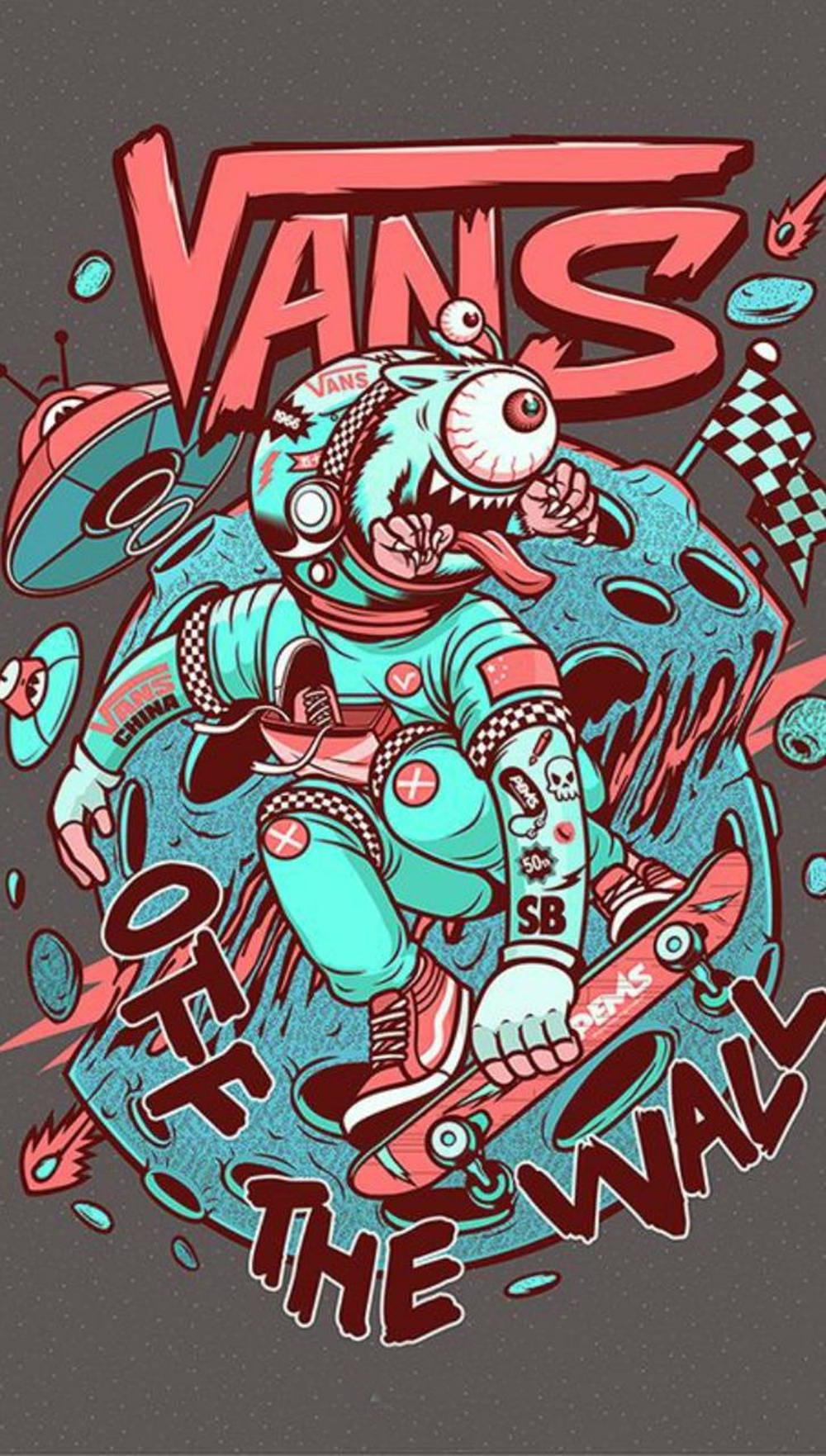 外星人滑板手戴著頭盔和 Vans 裝備，帶有 'Off The Wall' 標語。