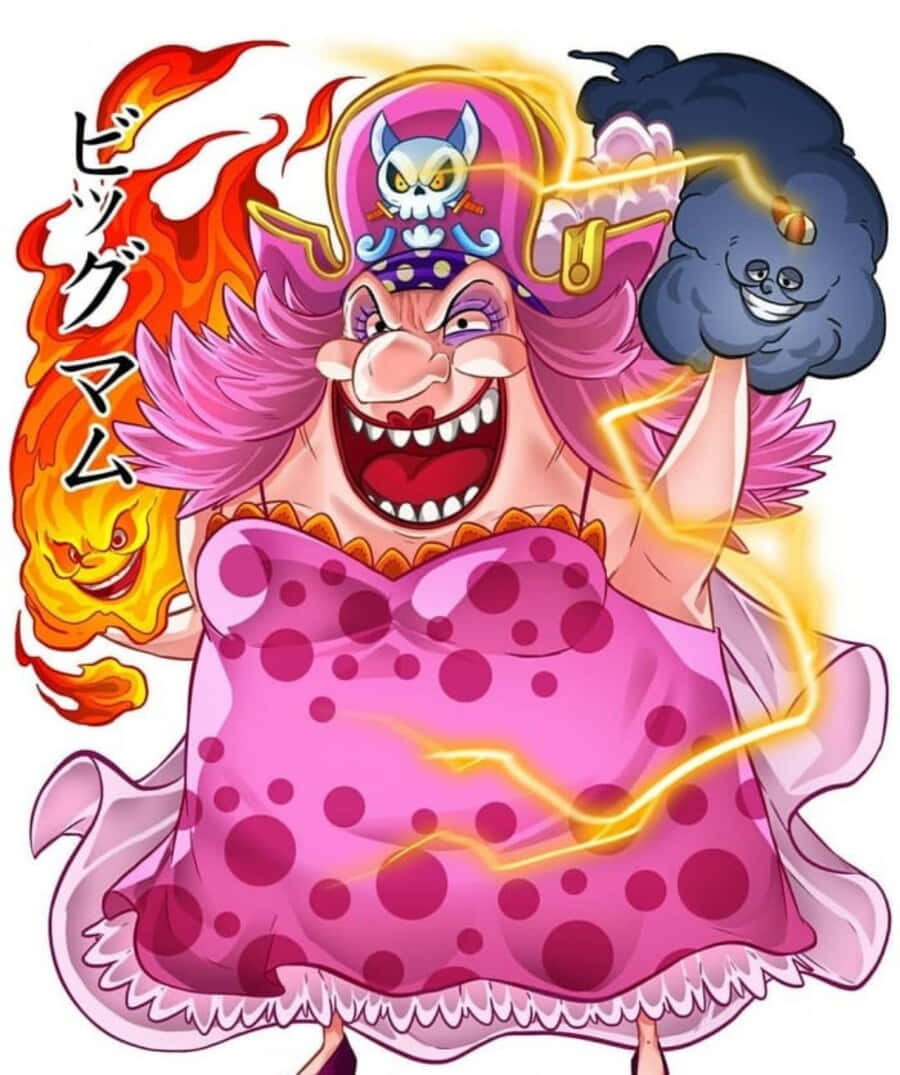 動漫角色 Big Mom 揮舞著火和煙，露出燦爛的笑容。
