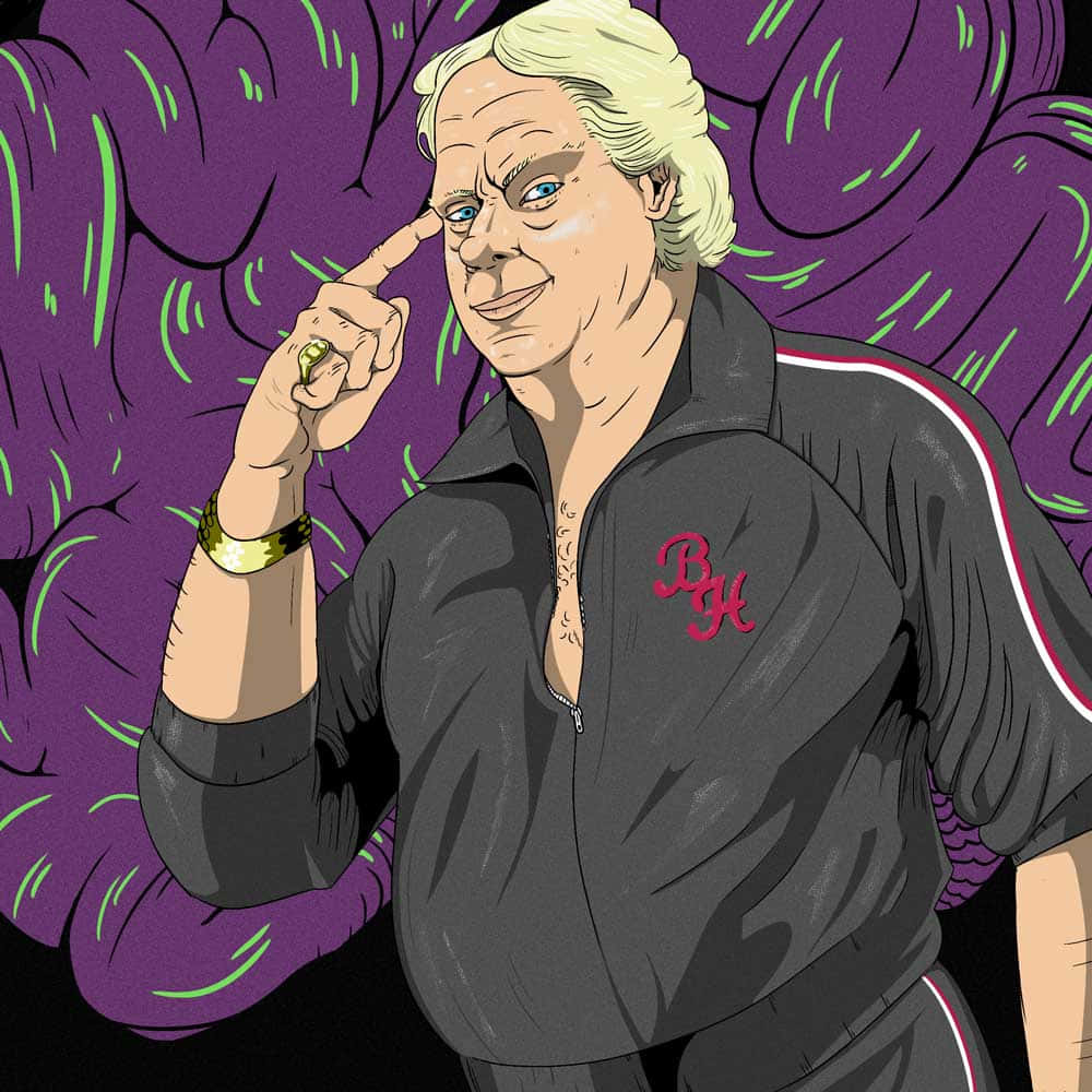 壁紙 — 一個卡通風格的金髮藍眼男子指著自己的太陽穴，背景是紫色的大腦狀圖案。