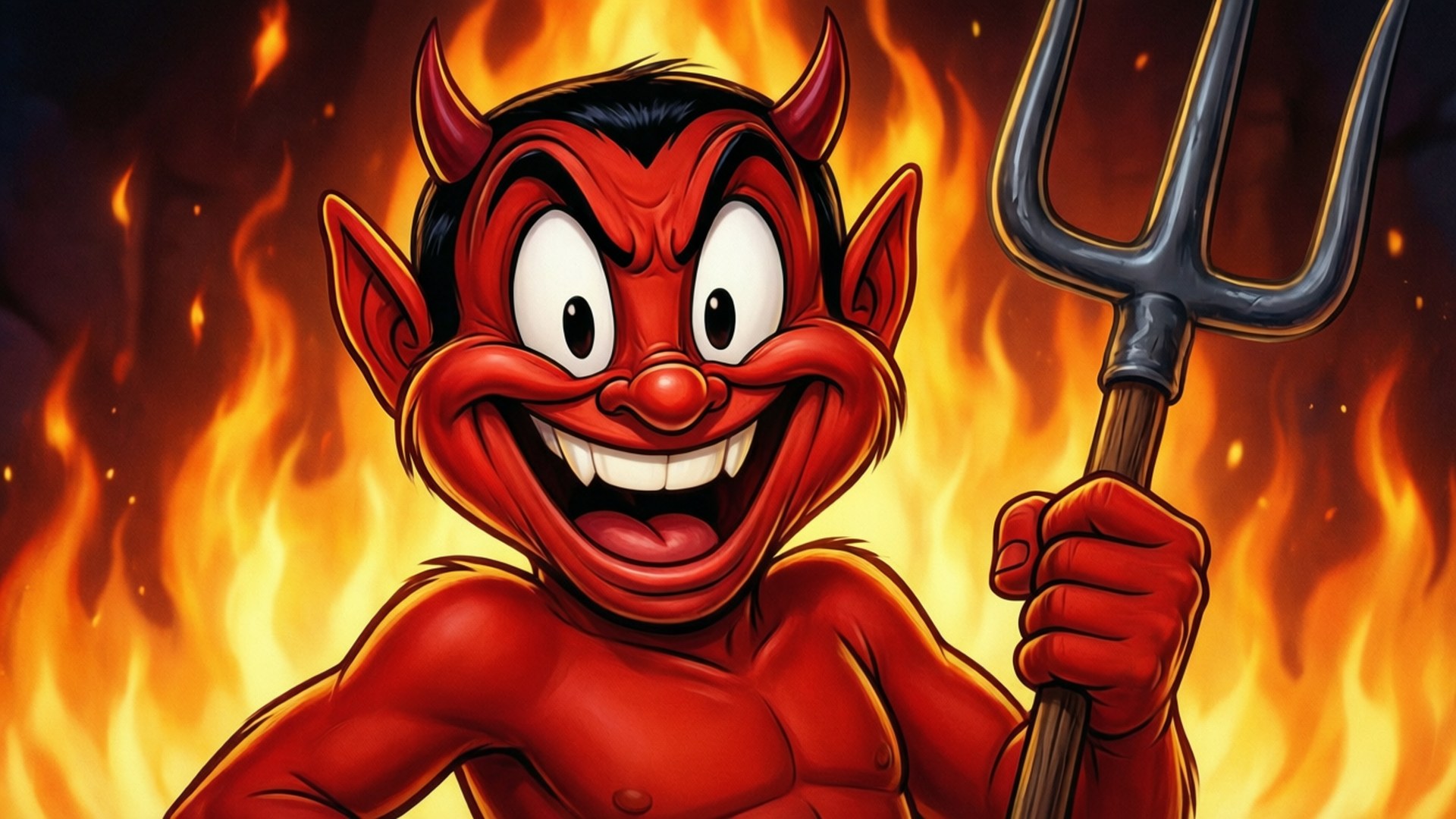 Devil Horns 桌布 壁紙 — 一個卡通風格的紅色魔鬼，長有角並手持乾草叉，在熊熊火焰的背景前頑皮地咧嘴笑。