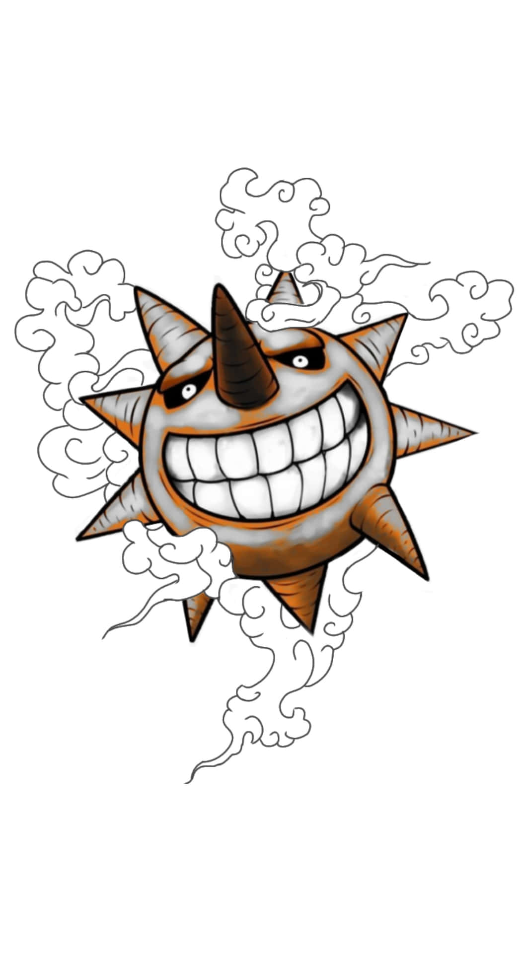  壁紙 — 一個帶有尖刺的卡通太陽，咧嘴大笑，怒目圓睜，從白色背景上的旋轉煙霧中衝出。