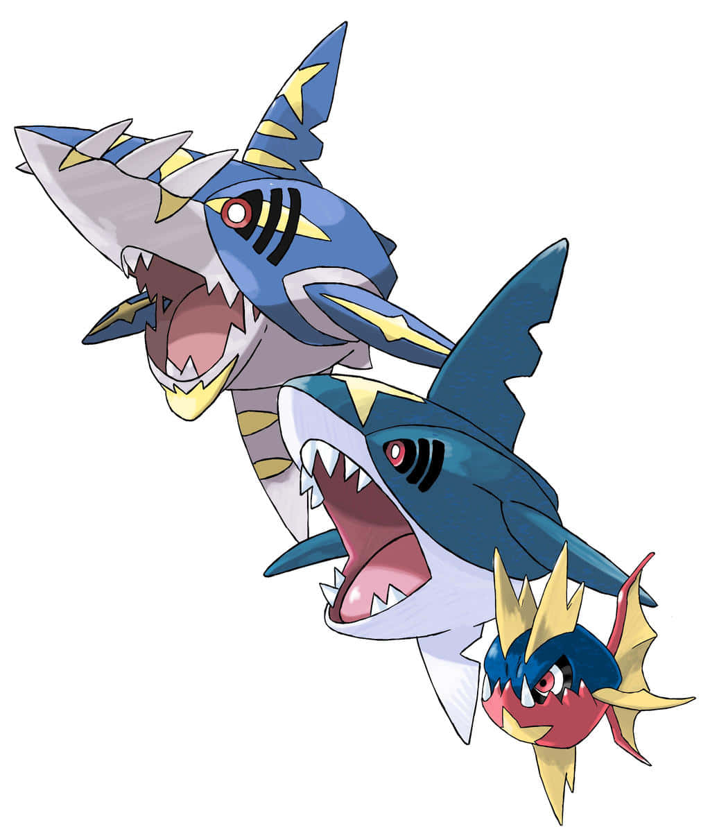Carvanha、Sharpedo 與超進化 Sharpedo 壁紙 — 三隻兇猛的鯊魚狀寶可夢，擁有鋒利的牙齒和發光的紅色眼睛，在純白色背景上侵略性地咆哮。