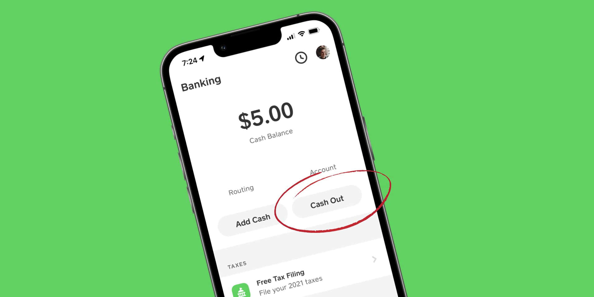 智能手機顯示銀行應用程式，餘額 $5.00，並突出顯示 cash out 按鈕。