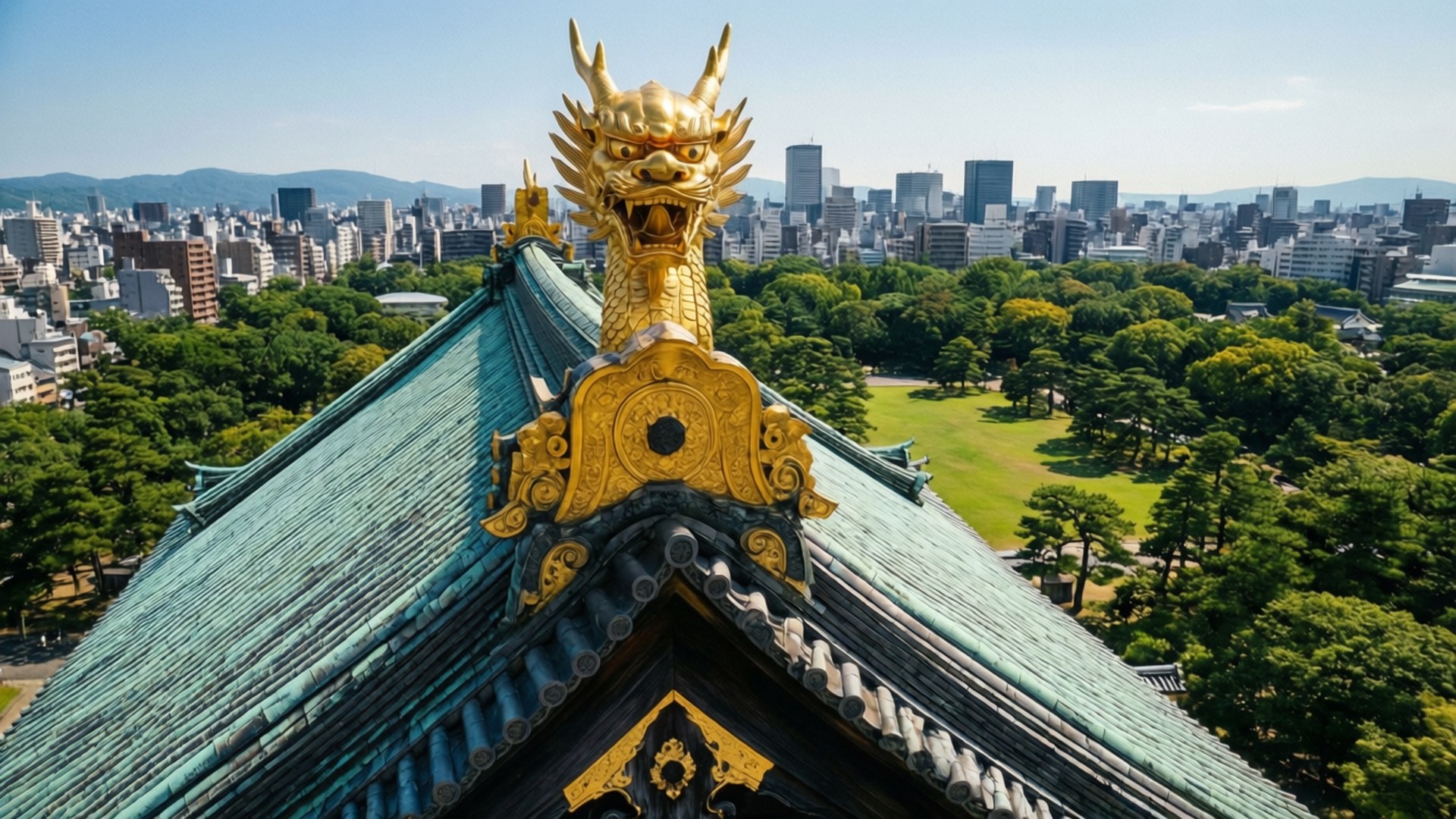 寺廟屋頂上的金色龍形裝飾，下方有城市和公園