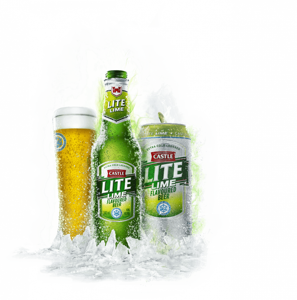 Castle Lite青檸啤酒飛濺效果 壁紙 — 三款Castle Lite Lime飲品被飛濺的冰塊和水珠環繞，襯以純黑背景。