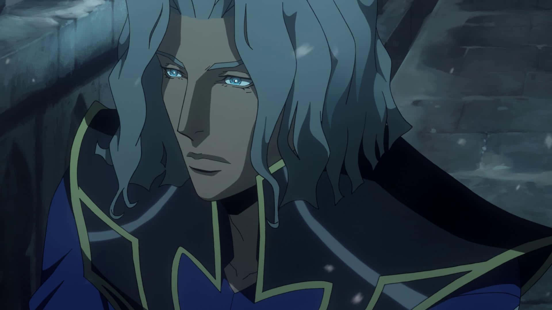 Castlevania 赫克托肖像 壁紙 — 一個莊嚴的動漫角色，銀色頭髮和發光的藍色眼睛，在昏暗的石頭走廊中向前凝視。