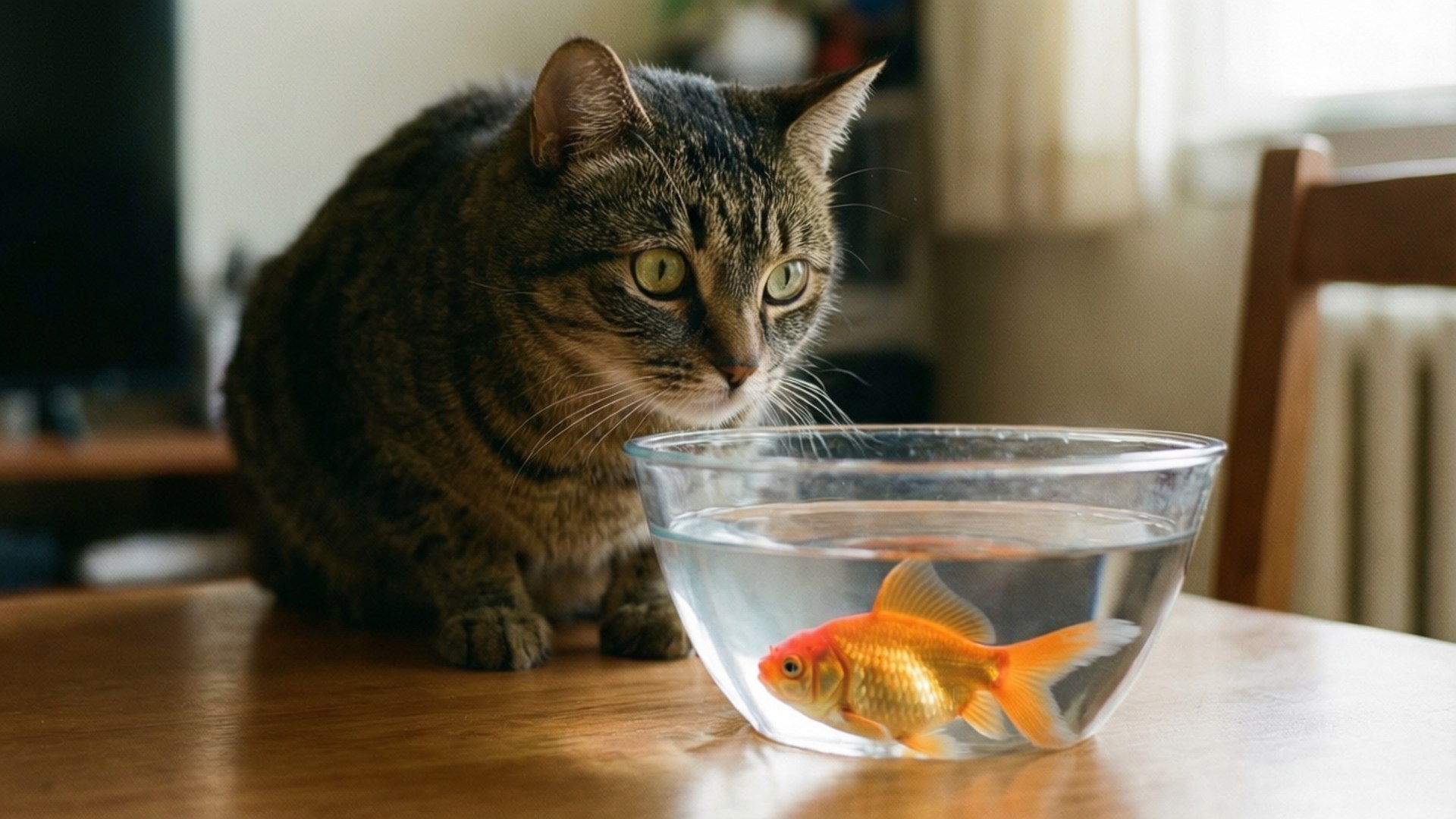 虎斑貓盯著玻璃碗中的金魚，木桌